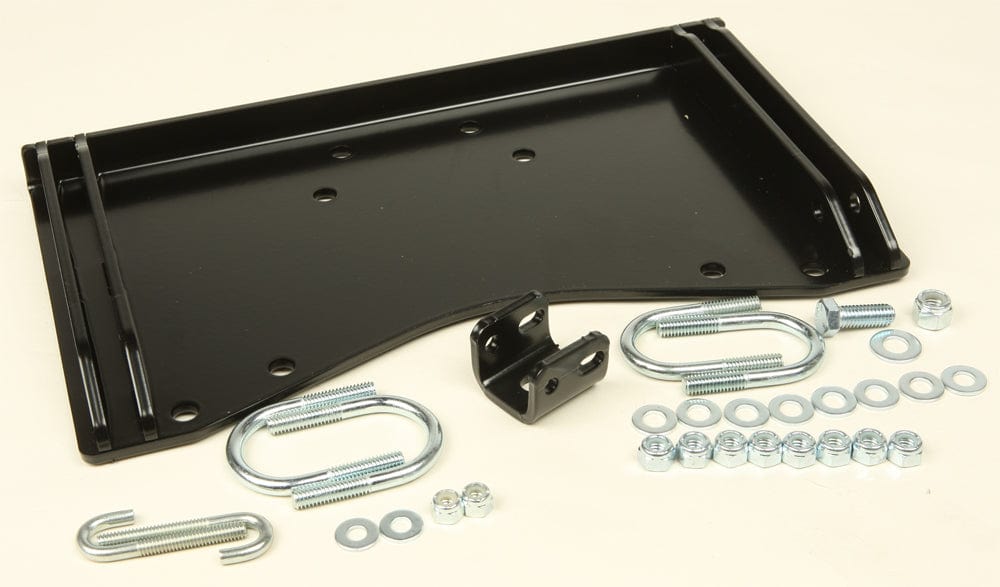 The Honda Rincon Provantage Center Snow Plow Mounting Kit by Warn includes a black metal ATV mounting plate with multiple holes, U-bolts, nuts, washers, and a small attachment—ideal for high ground clearance plowing.