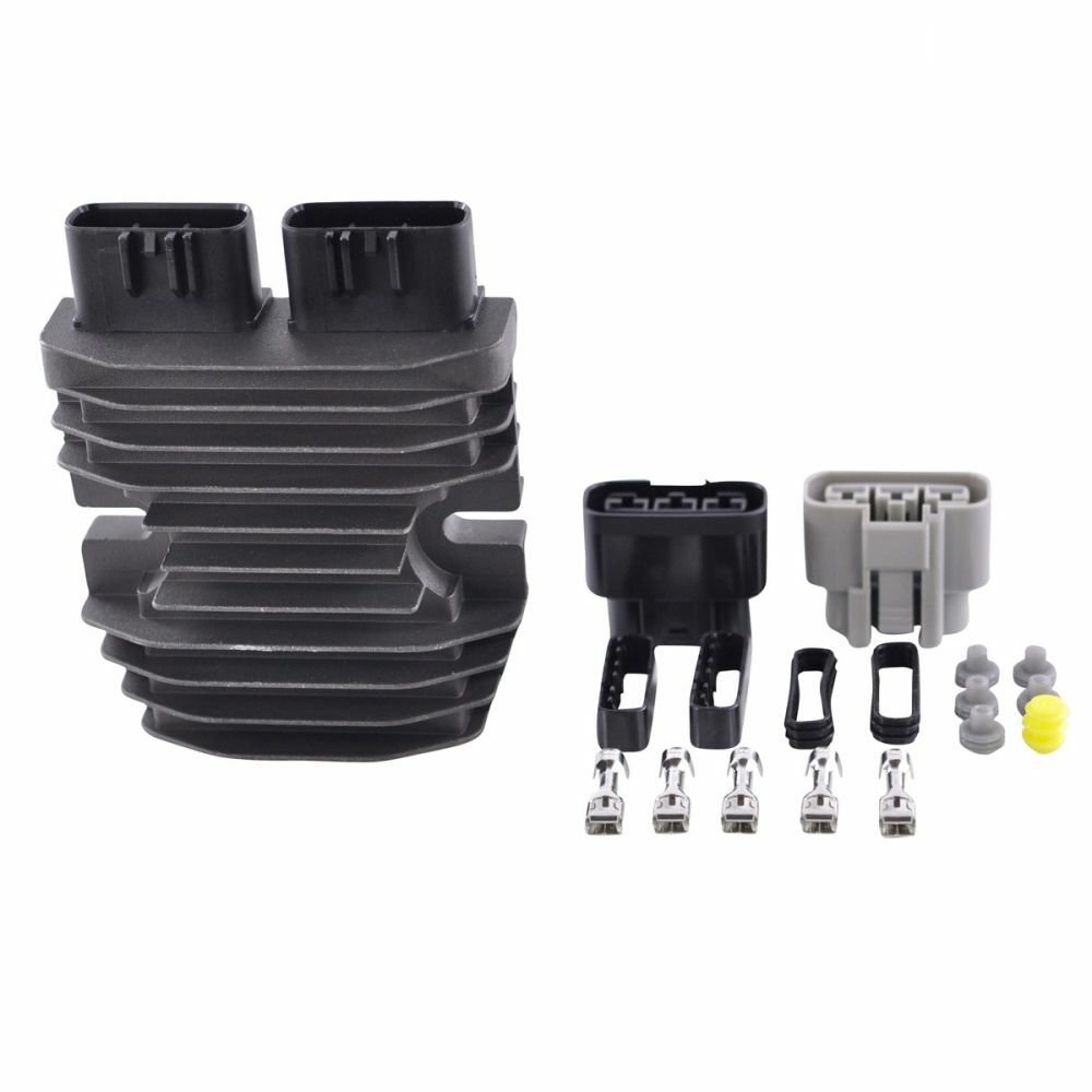Black anodized aluminum motorcycle voltage regulator with cooling fins and two rectangular connectors, plus matching black.
