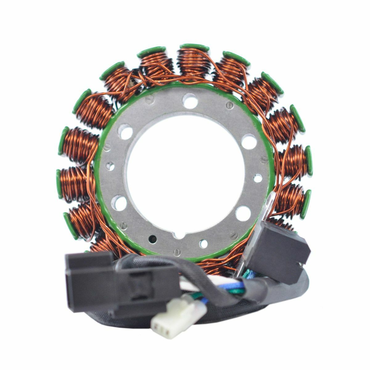 Circular motorcycle stator with copper wire coils wound around black metal core and attached wiring harness with white.