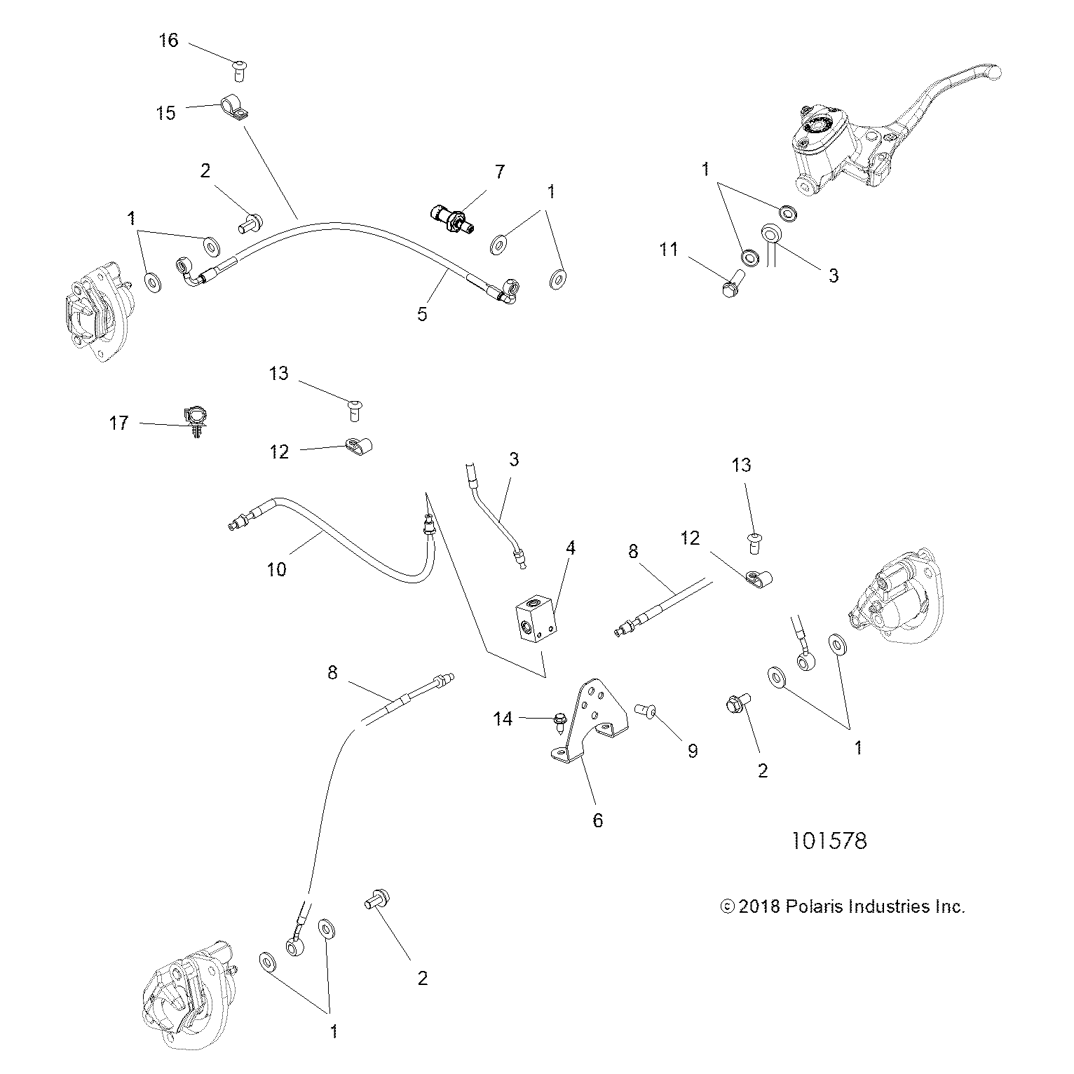 An Image of a Genuine Polaris Parts Schematic Diagram showing the schematic - BRAKES: BRAKE LINES - 2019 POLARIS SCRAMBLER 850 48"