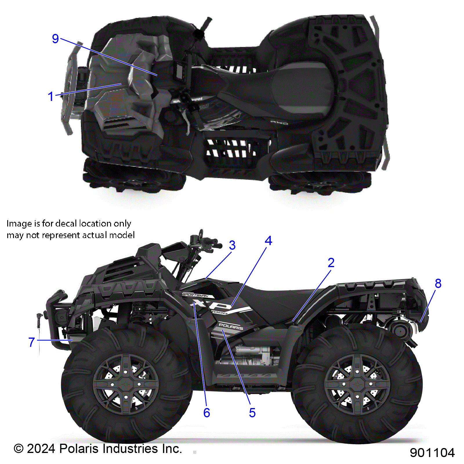An Image of a Genuine Polaris Parts Schematic Diagram showing the schematic - BODY: DECALS GRAPHIC - 2025 POLARIS SPORTSMAN XP 1000 MUD