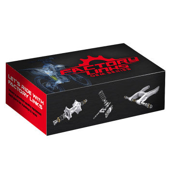 Factory Links box with red and black design, logo on top, images of hubs, shocks, and linkages on the side. Text: LET'S RIDE WITH FACTORY LINKS—featuring Kawasaki KFX R Rear Wheel Bearing Kit with marine grease and waterproof bearings.