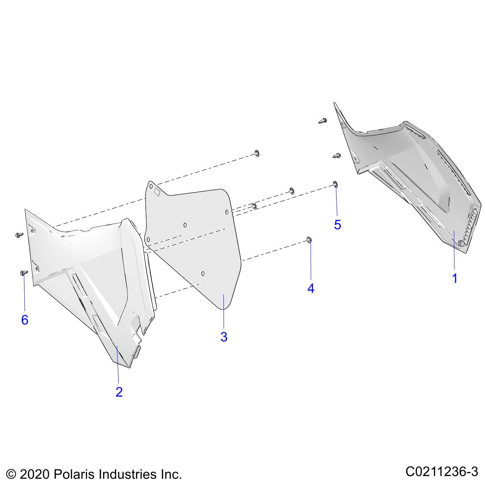 An Image of a Genuine Polaris Parts Schematic Diagram showing the schematic - BODY: SIDE PANELS - 2021 POLARIS SPORTSMAN 570 TRAIL