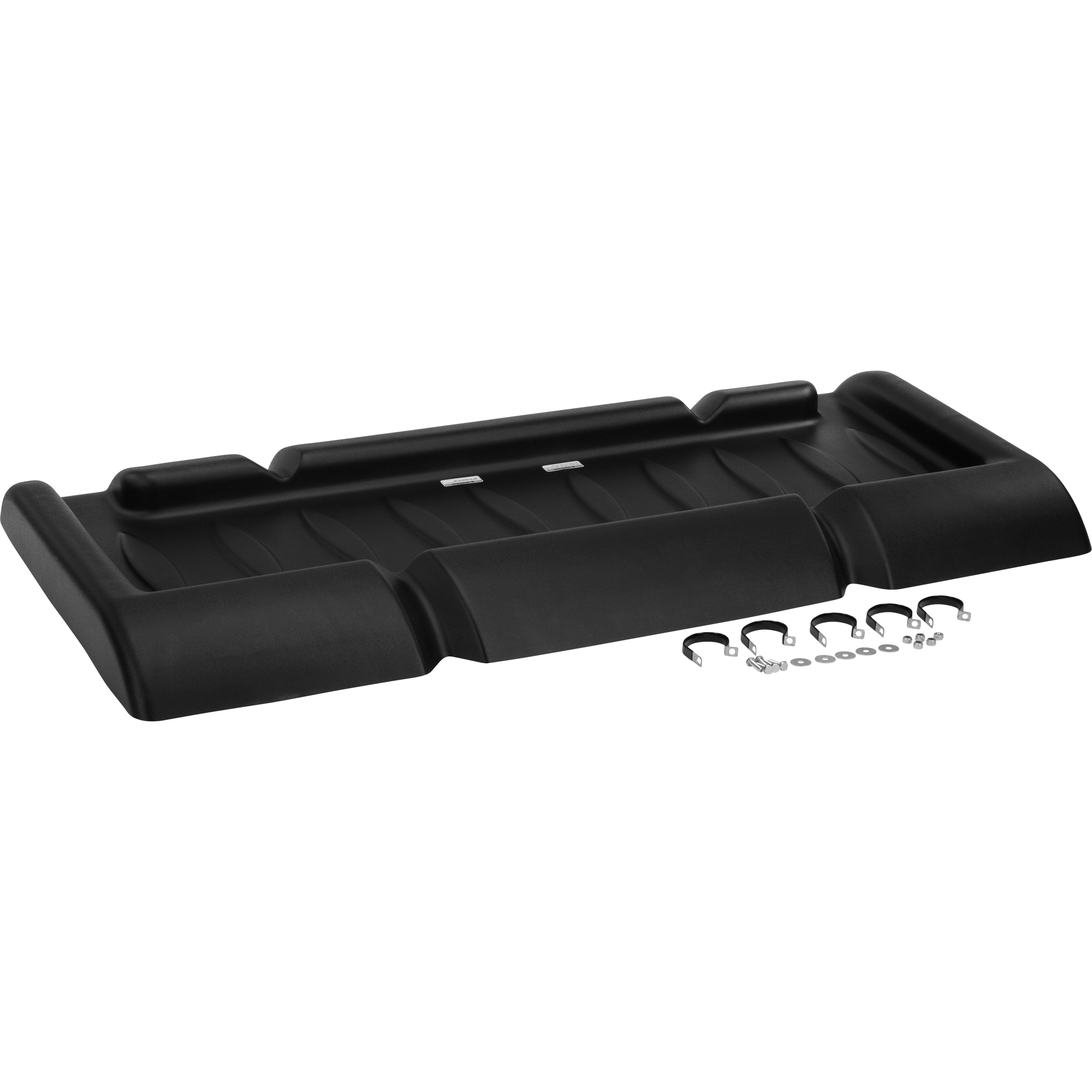 Yamaha Rhino 660 / 700 UTV Molded Roof by Open Trail shown on a white background, made from UV-resistant black HDPE, featuring two raised side panels and a central dip. Includes mounting hardware with four U-bolts, brackets, and nuts.