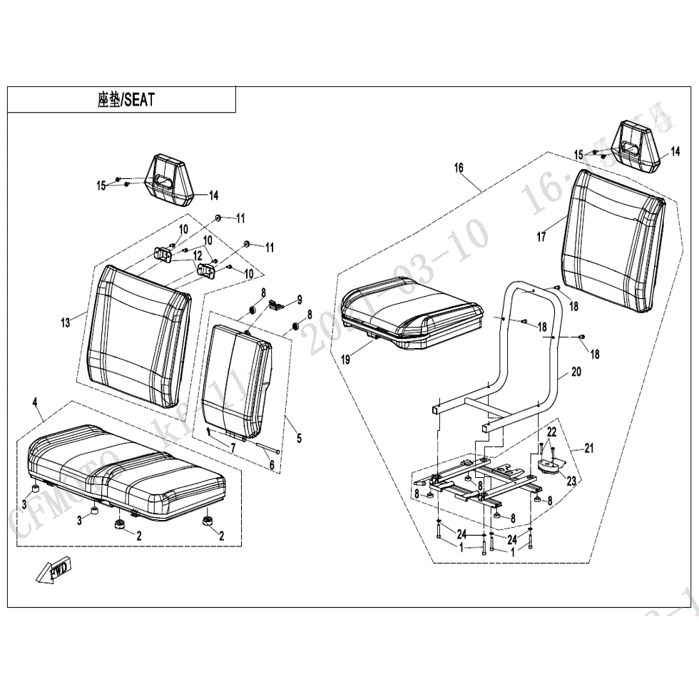 An Image of a Genuine CFMOTO Parts Schematic Diagram showing the schematic - SEAT (NON HEATING EQUIPMENT) - 2022 CFMOTO UFORCE 1000