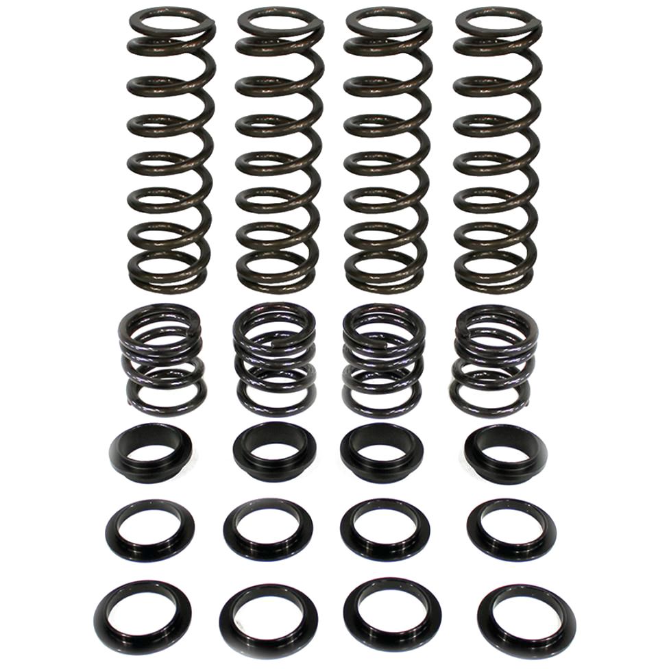 The Polaris Dual Rate Spring Kit 60" by ZBroz includes sixteen black metal coil springs and eight black circular washers, neatly arranged on a white background, designed to enhance bottoming resistance and deliver a smoother ride.