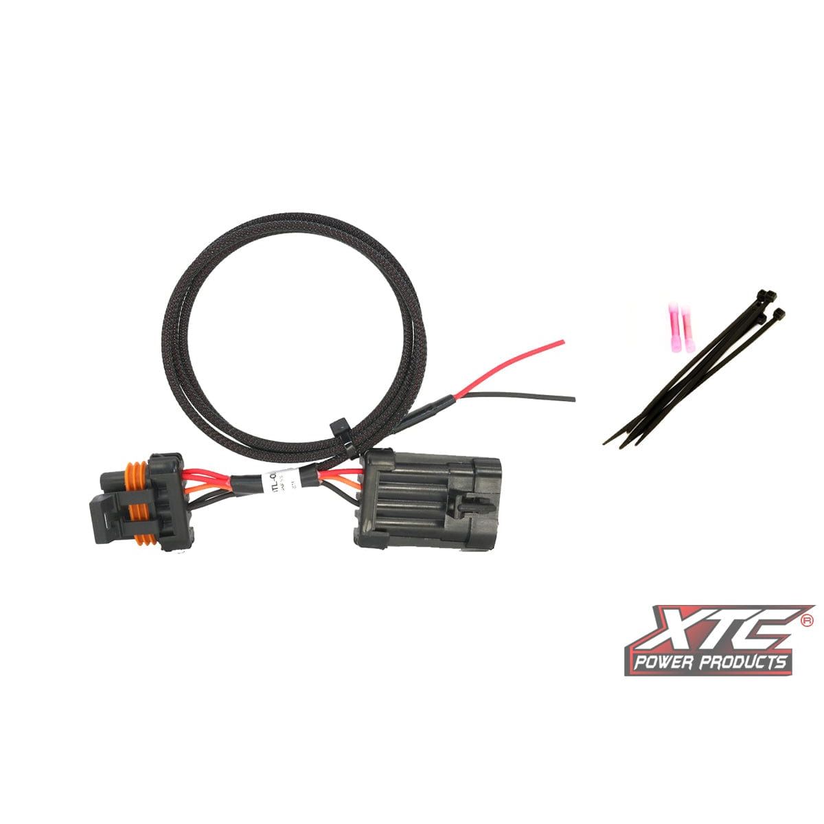 Plug N Play Bus Bar Adapter Whip POL by XTC Power Products shown with black wiring harness, connectors, heat shrink tubing, and zip ties on a white background. XTC Power Products logo appears in the lower right corner.