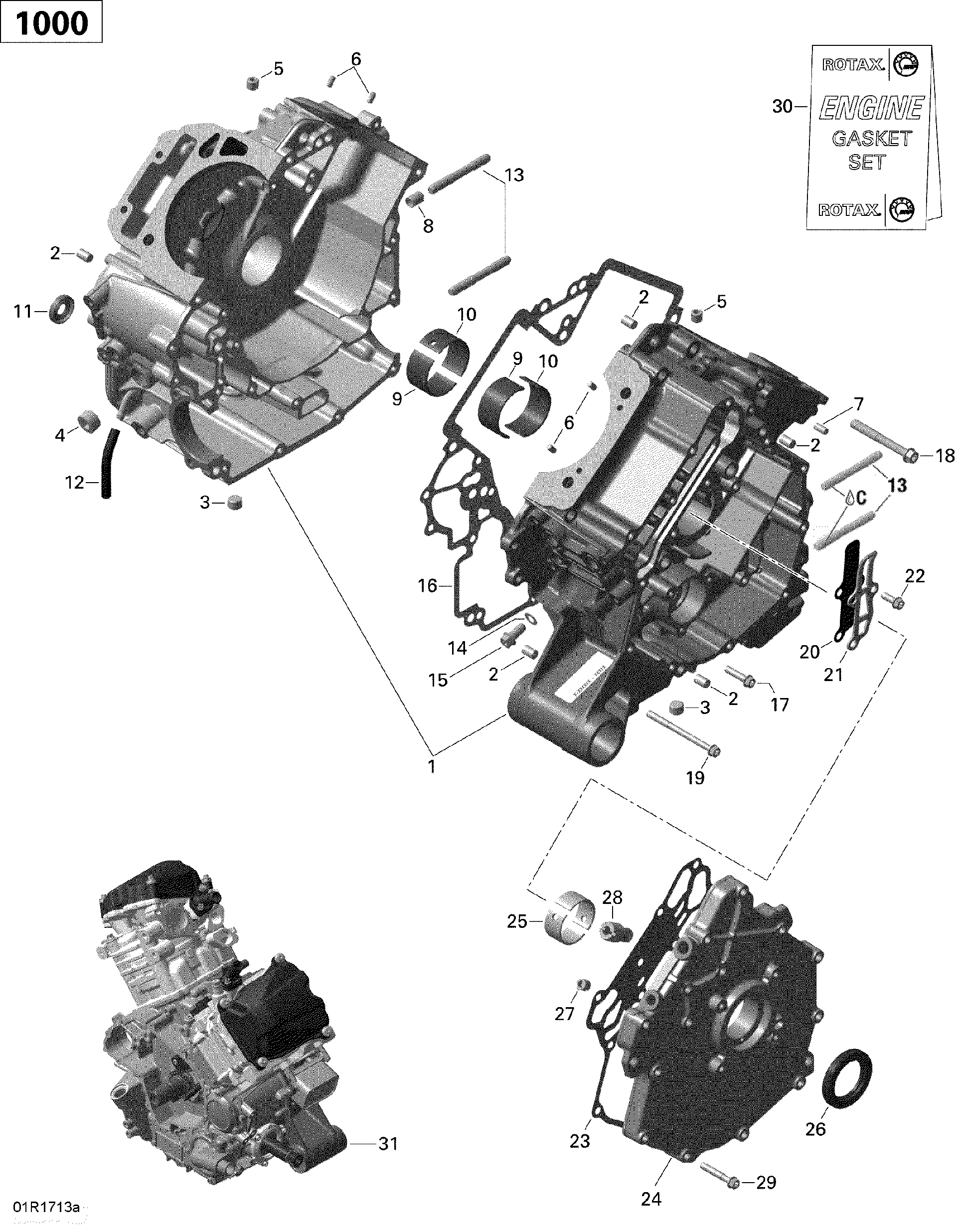 An Image of a Genuine Can-Am Parts Schematic Diagram showing the schematic - CRANKCASE - 1000R EFI (X MR)