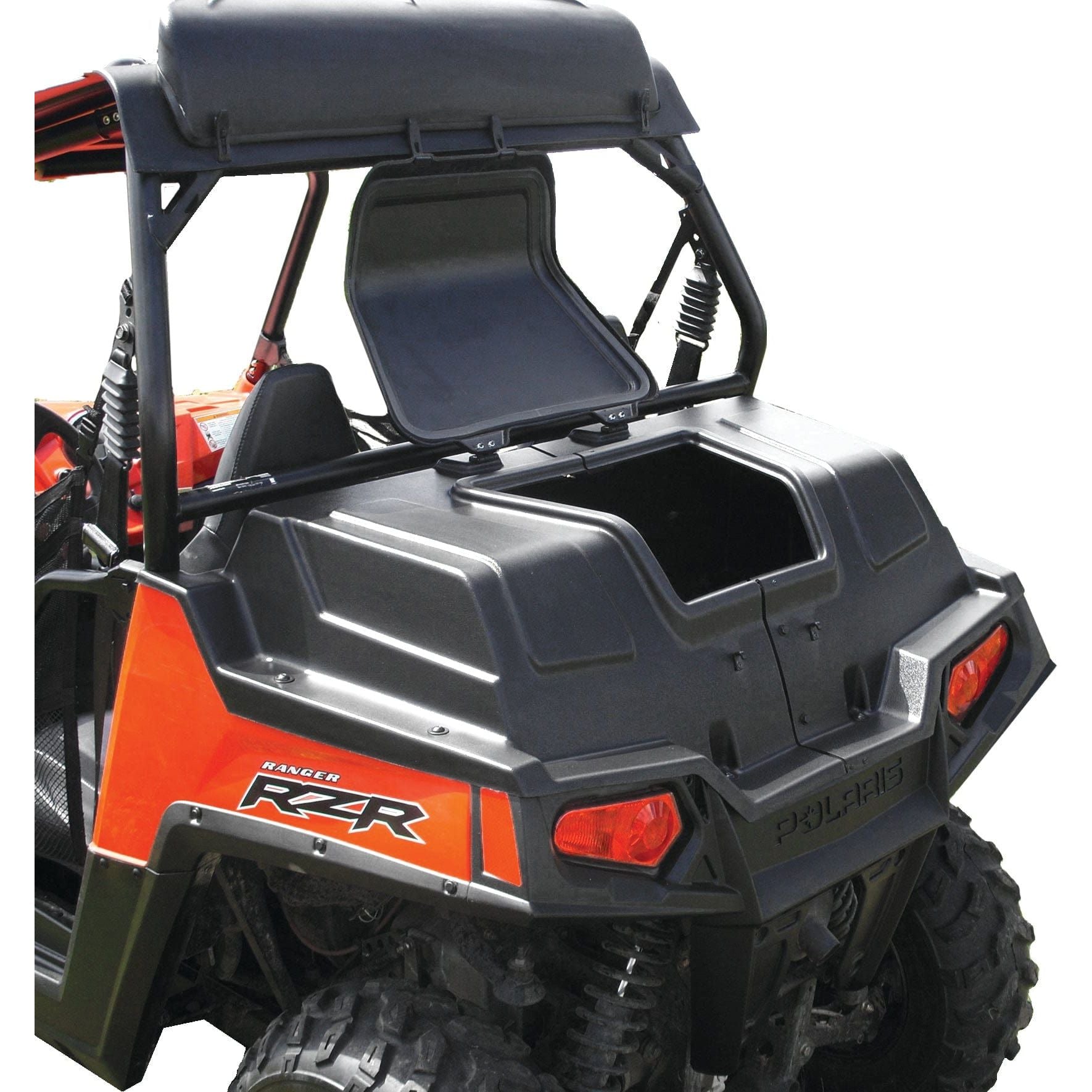 A rear view of a Polaris RZR 800 with the UTV Bed Cargo Cover by Open Trail installed, showing the open lid and exposed interior storage space in the cargo box.