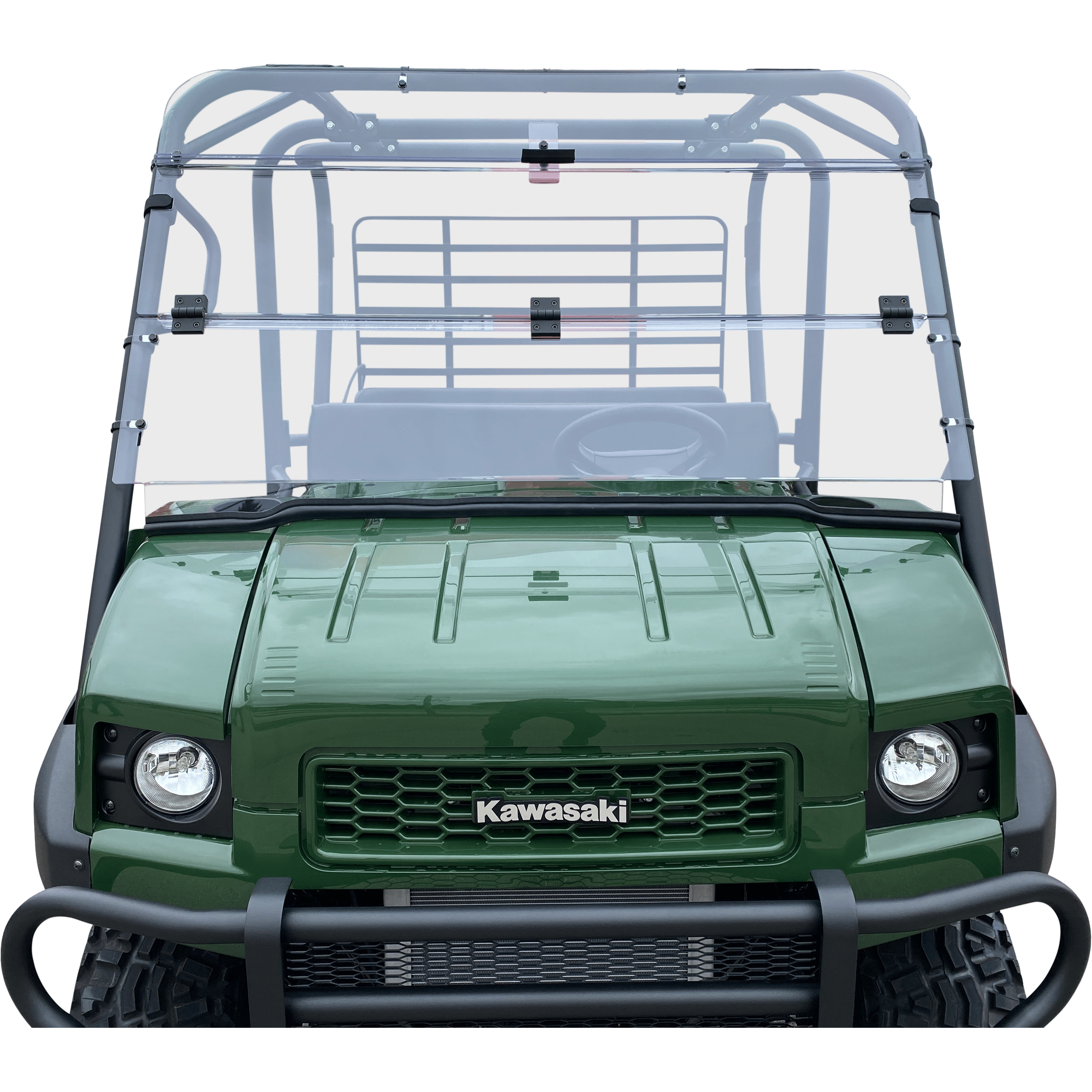 Front view of a green Kawasaki utility vehicle featuring the Folding Windshield by Open Trail for water protection, a black front bumper, and a metal rack behind the seats.