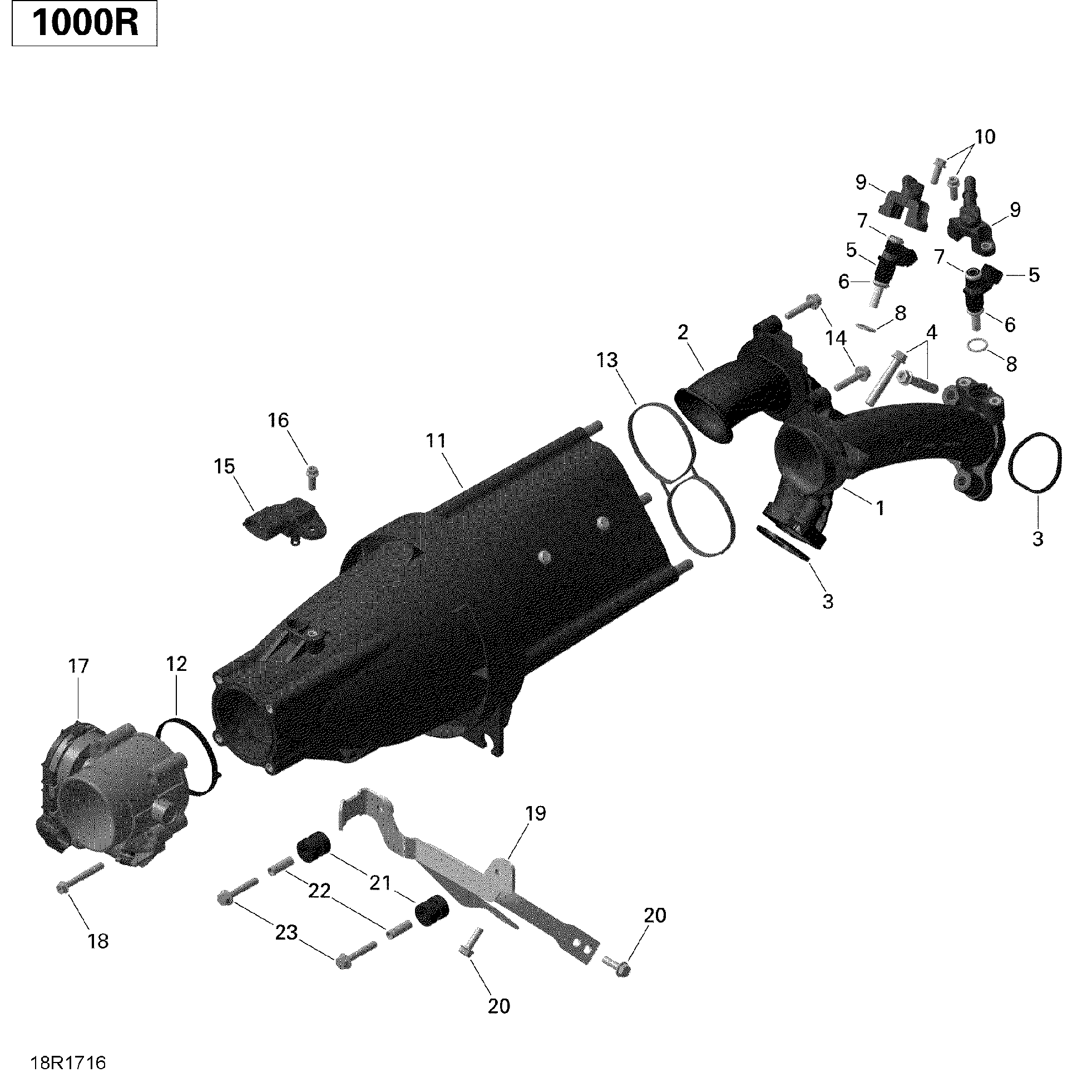 An Image of a Genuine Can-Am Parts Schematic Diagram showing the schematic - AIR INTAKE MANIFOLD AND THROTTLE BODY - 1000R