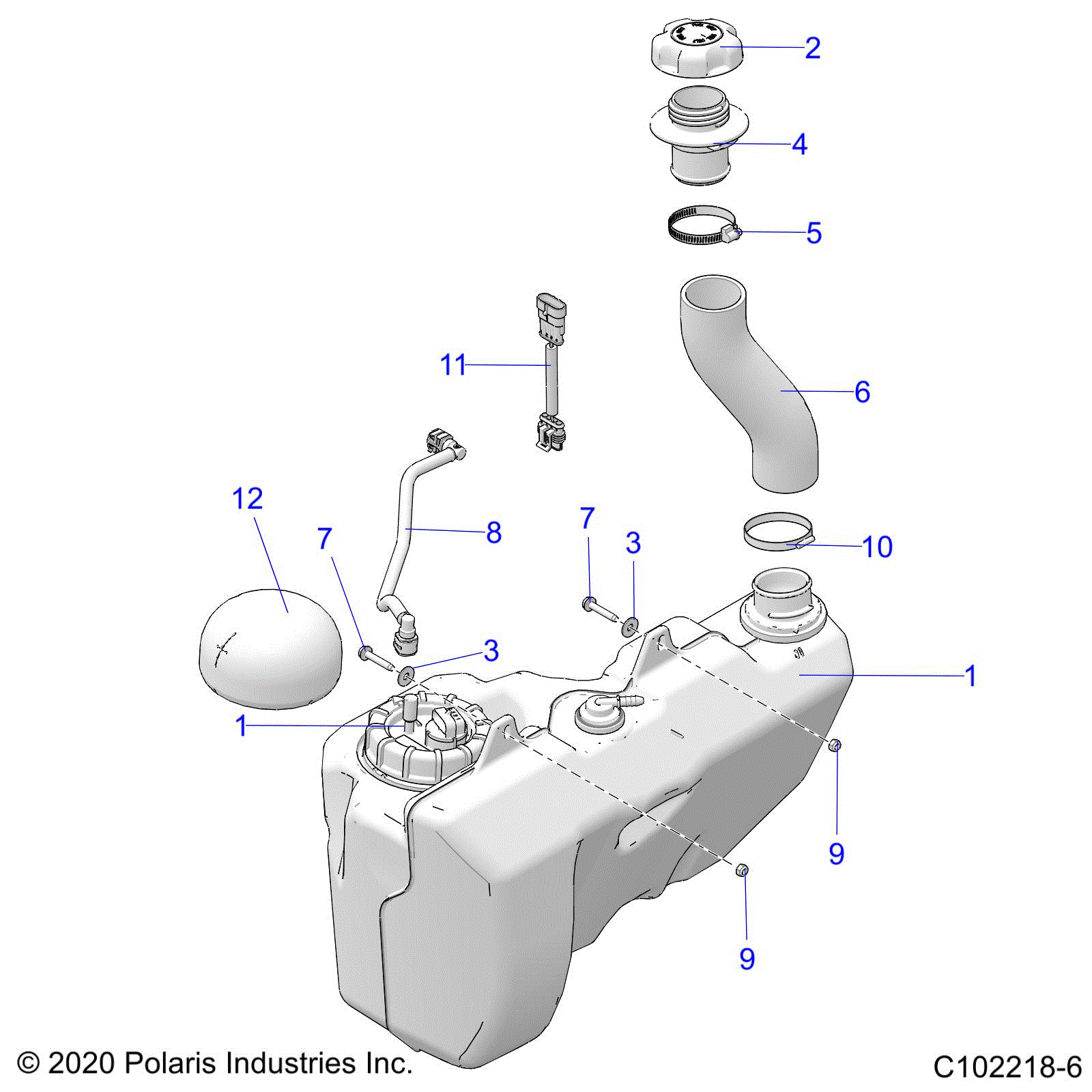 An Image of a Genuine Polaris Parts Schematic Diagram showing the schematic - BODY: FUEL TANK - 2020 POLARIS SCRAMBLER 850 48"
