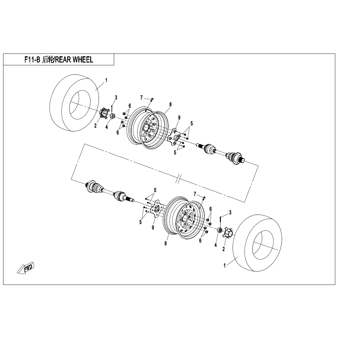 An Image of a genuine CFMOTO Parts Schematic Diagram showing the group - REAR WHEEL (USA) - 2020 CFMOTO CFORCE 500 S