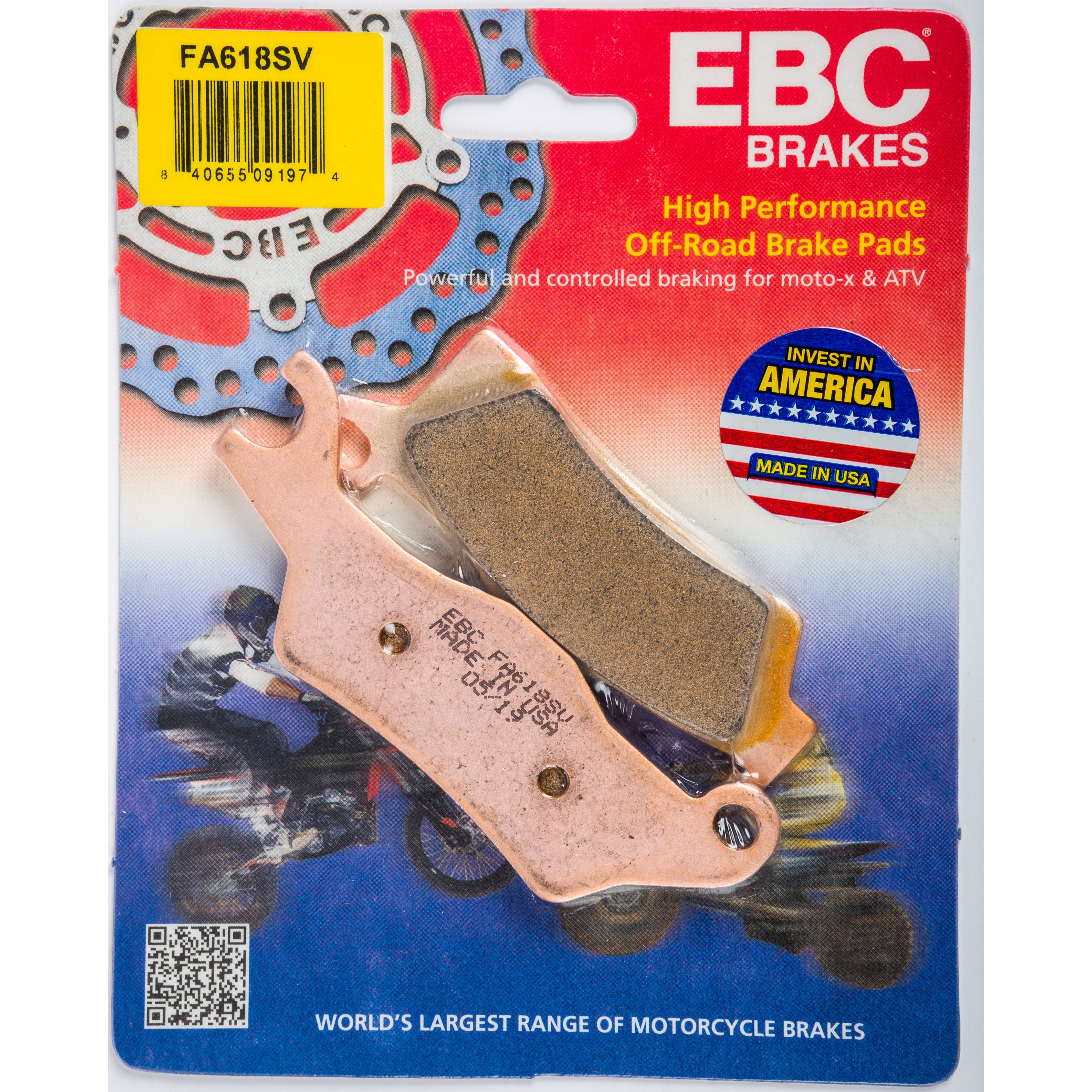 Copper-colored metal brake pads with friction surface on blue and red EBC Brakes packaging.