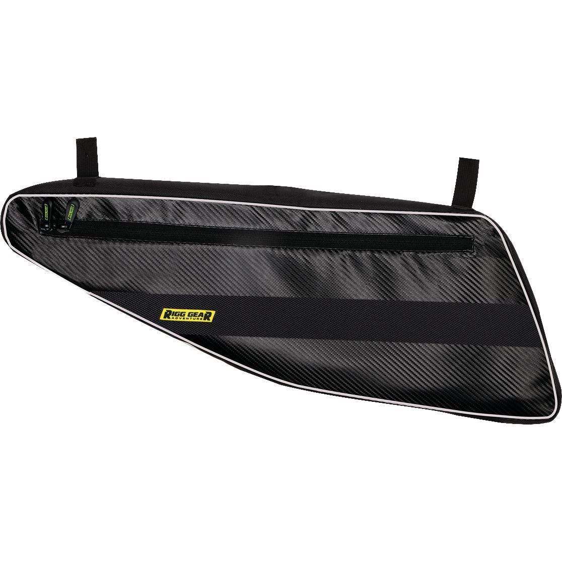 The Polaris RZR Lower Door Bags by Nelson Rigg are black, triangular bags made from UV-treated Ballistic Nylon with a textured surface, water-resistant storage, horizontal zipper pocket, two mounting straps, and a yellow Nelson Rigg logo.