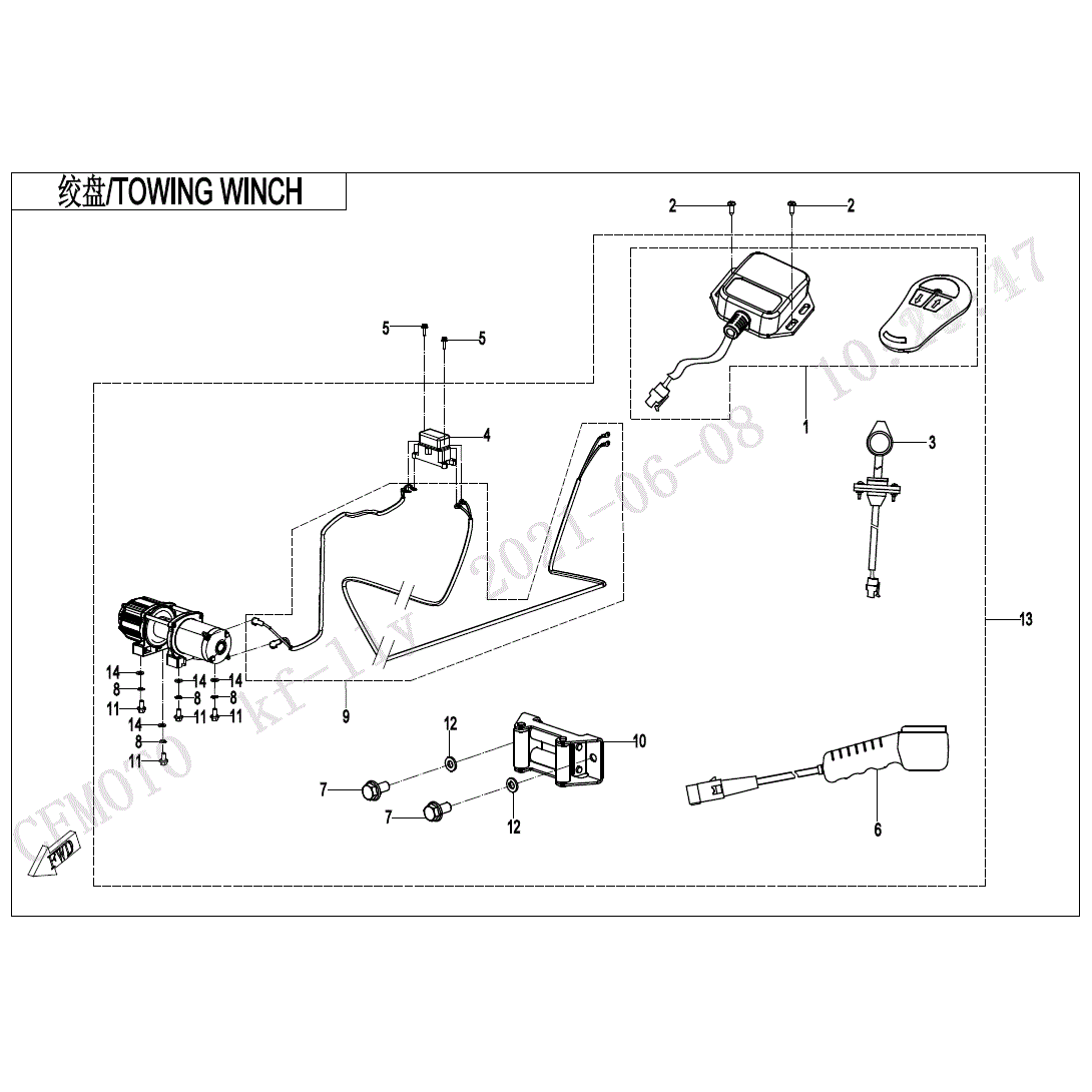 An Image of a Genuine CFMOTO Parts Schematic Diagram showing the schematic - TOWING WINCH - 2022 CFMOTO UFORCE 1000 XL