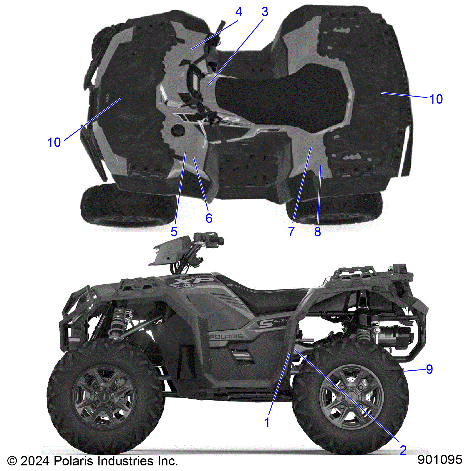 An Image of a Genuine Polaris Parts Schematic Diagram showing the schematic - BODY: DECALS STANDARD - 2025 POLARIS SPORTSMAN XP 1000 55"