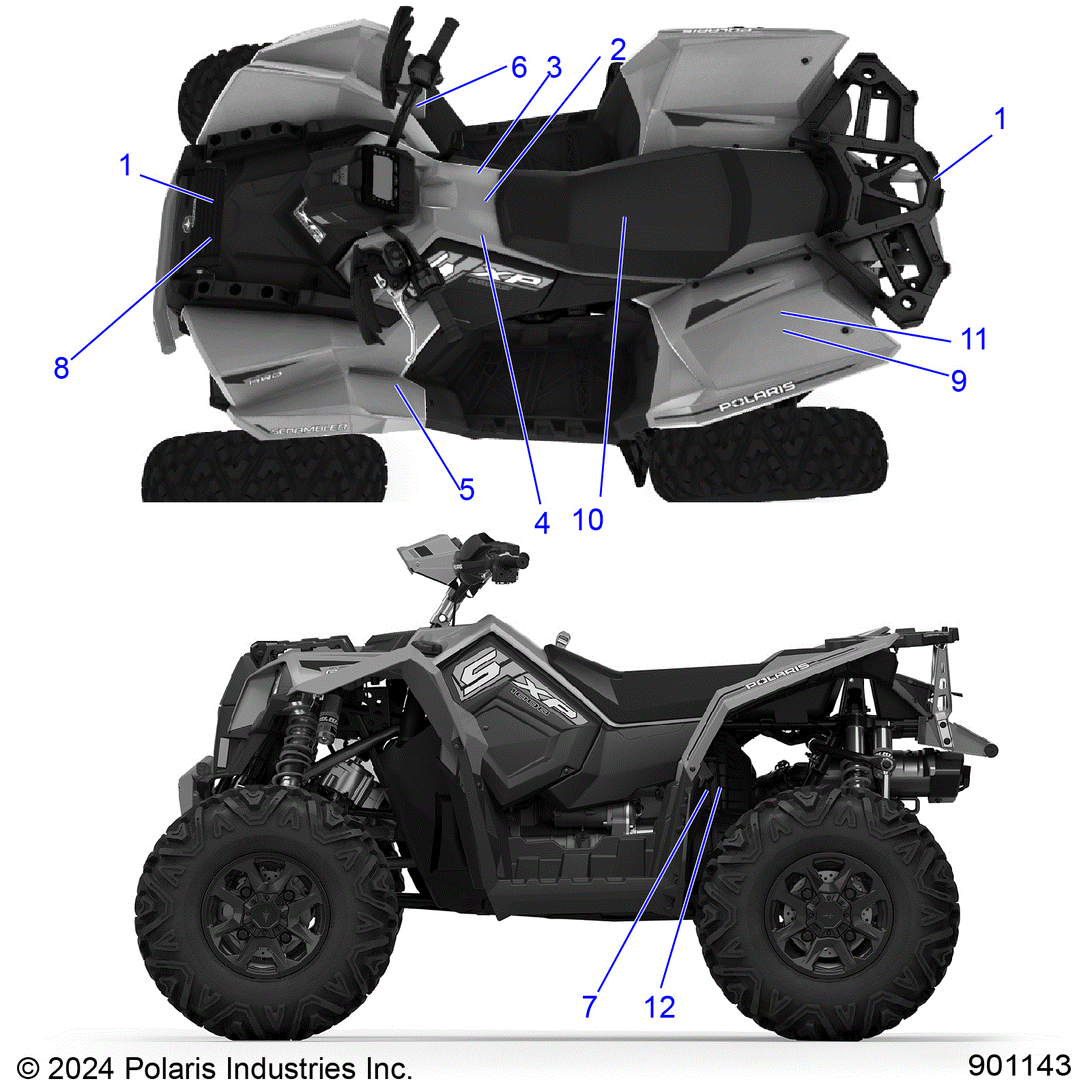 An Image of a Genuine Polaris Parts Schematic Diagram showing the schematic - BODY: DECALS STANDARD - 2025 POLARIS SCRAMBLER XP 1000 55 LLP 49S