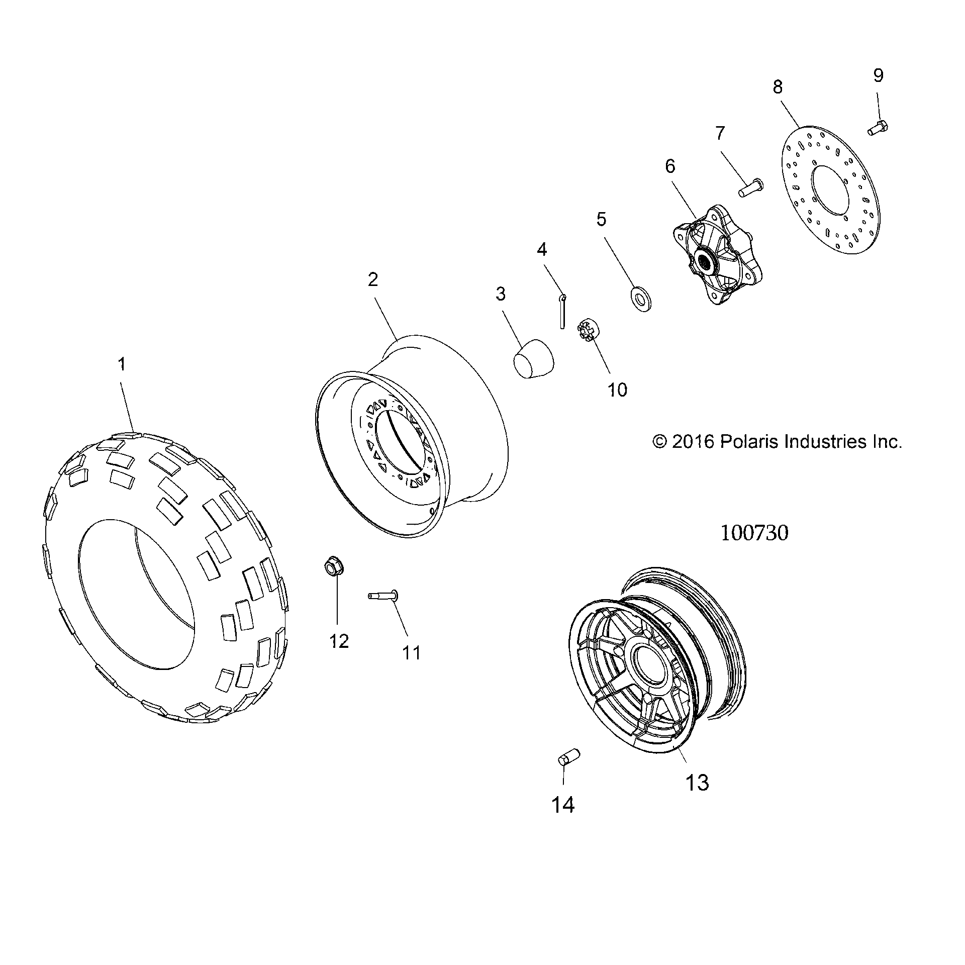 An Image of a Genuine Polaris Parts Schematic Diagram showing the schematic - WHEELS: FRONT TIRE and BRAKE DISC - 2016 POLARIS SPORTSMAN 570 EFI