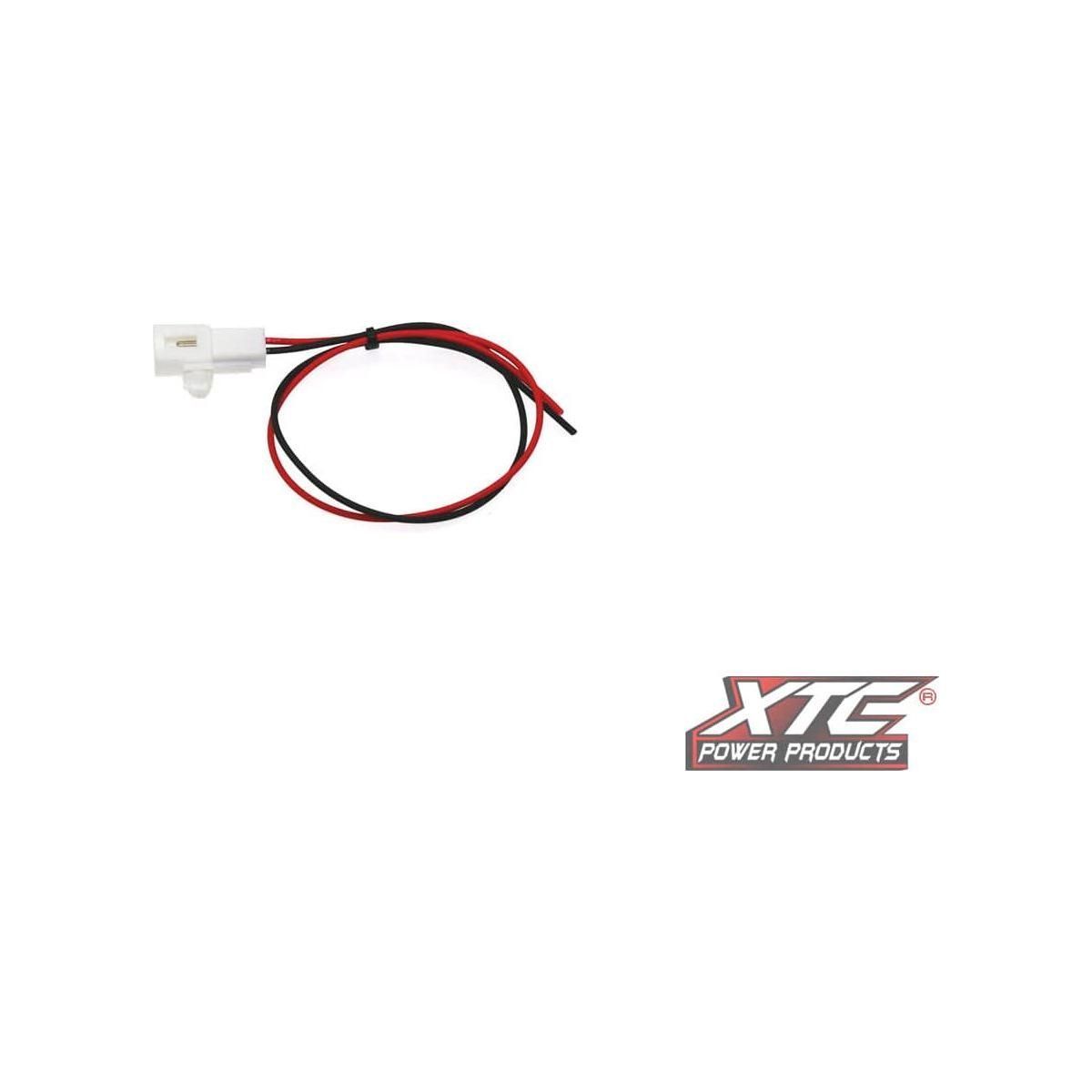 A Plug N Play Power Out 12 Pig Tail Can by XTC Power Products, featuring red and black wires and two connectors, is shown next to the XTC Power Products logo on a white background.