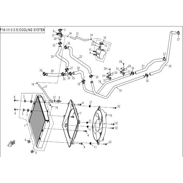 An Image of a Genuine CFMOTO Parts Schematic Diagram showing the schematic - COOLING SYSTEM - 2016 CFMOTO ZFORCE 800 Trail