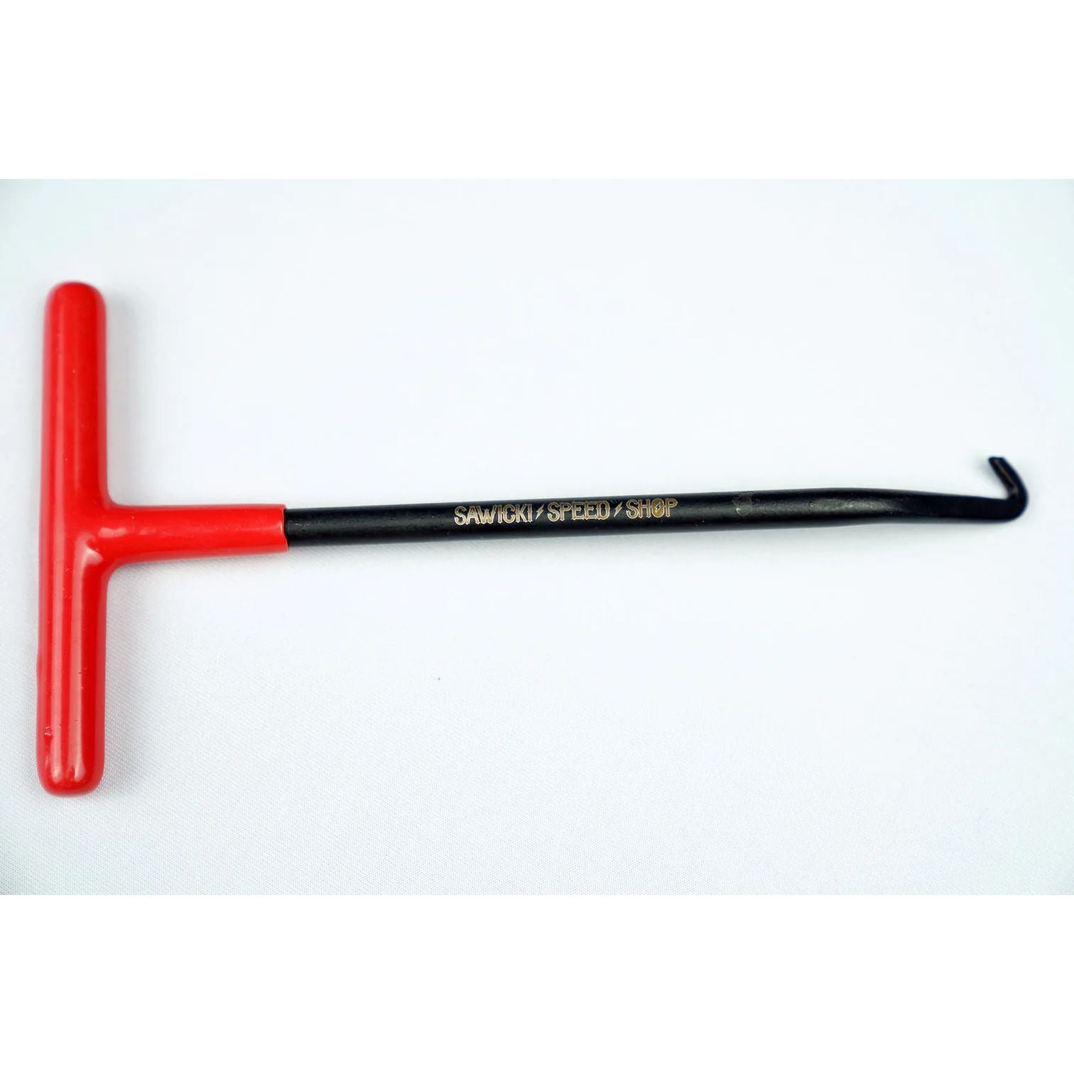 The Exhaust Spring Puller (Sawicki Speed Logo Red Handle) by Sawicki features a T-shaped red handle, black metal shaft with a hook, yellow SAWICKI SPEED SHOP text, and is made in the USA. Shown on a white surface. Ideal for replacing springs.