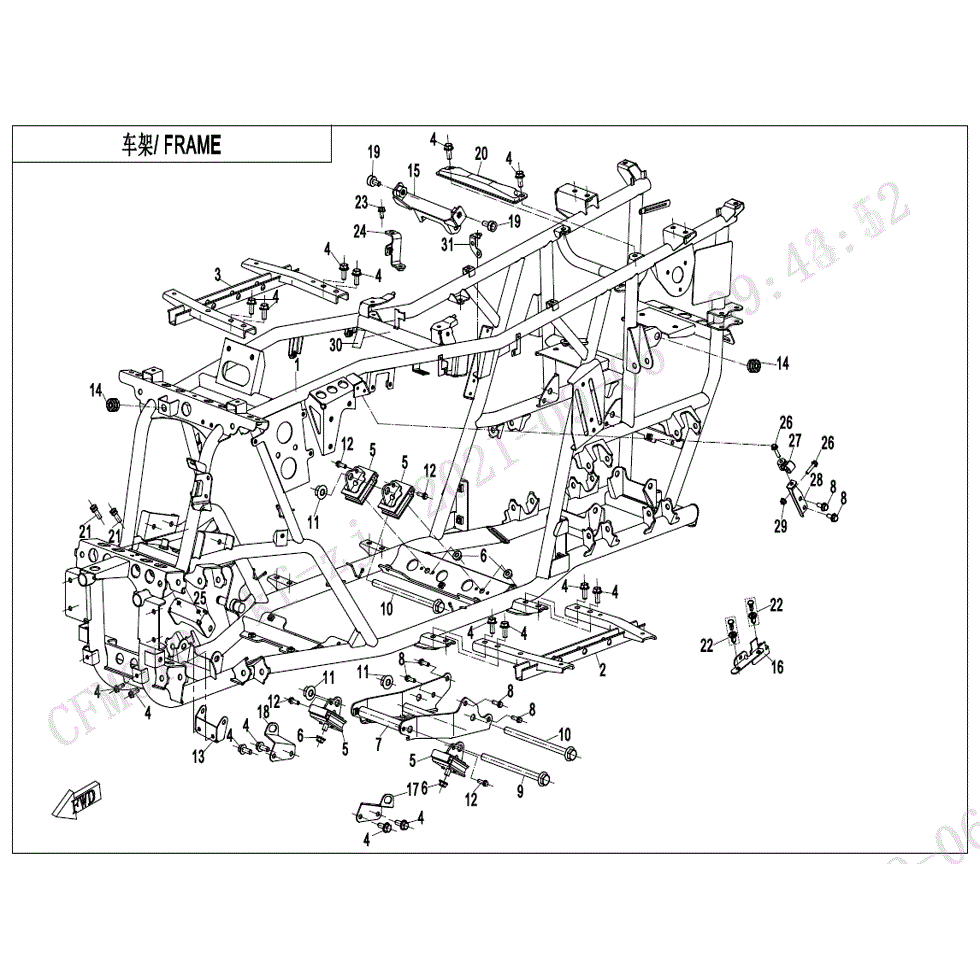 An Image of a genuine CFMOTO Parts Schematic Diagram showing the group - FRAME (NA) - 2022 CFMOTO CFORCE 500 S