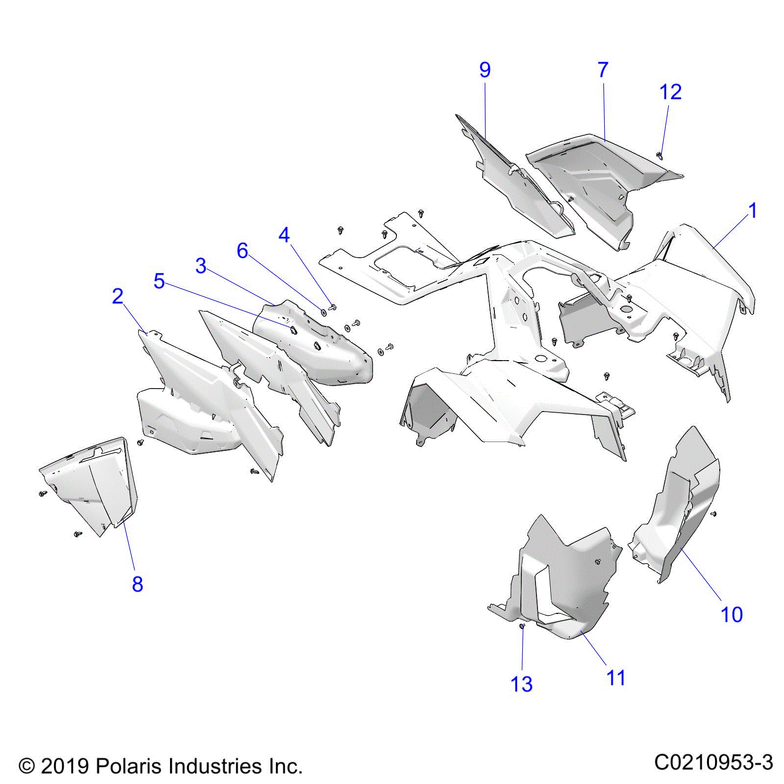An Image of a Genuine Polaris Parts Schematic Diagram showing the schematic - BODY: FRONT CAB and SIDE PANELS - 2022 POLARIS SCRAMBLER XP 1000 S 55"
