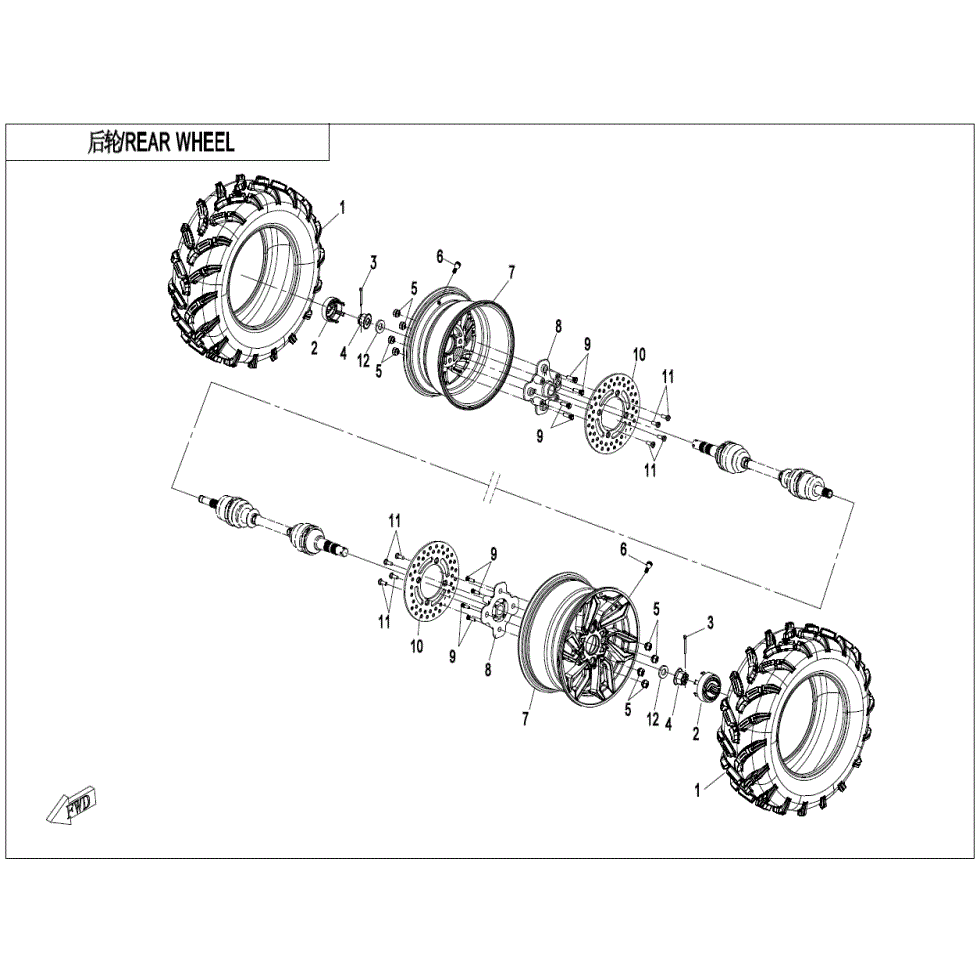 An Image of a Genuine CFMOTO Parts Schematic Diagram showing the schematic - REAR WHEEL - 2025 CFMOTO ZFORCE 800 Trail
