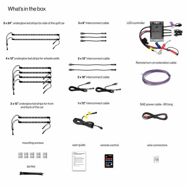 The 2/4 Seater LED kit With Controller by EcoXGear includes waterproof music sync LED strips, interconnect and power cables, controller, extension cables, remote, screws, cable ties, user guide, and wire connectors—each shown with labeled images.