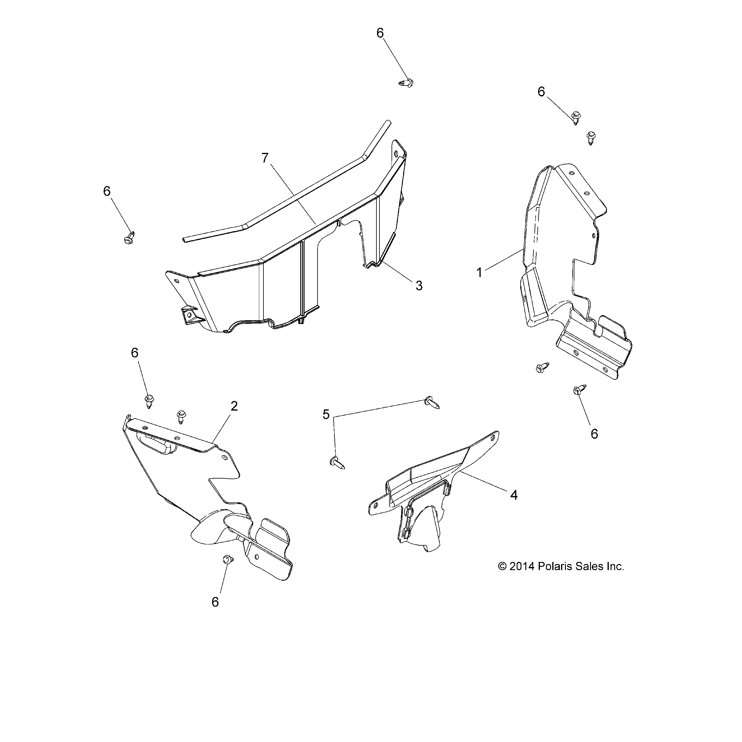 An Image of a Genuine Polaris Parts Schematic Diagram showing the schematic - BODY: SPLASH SHIELDS - 2016 POLARIS ACE 900 EFI EPS