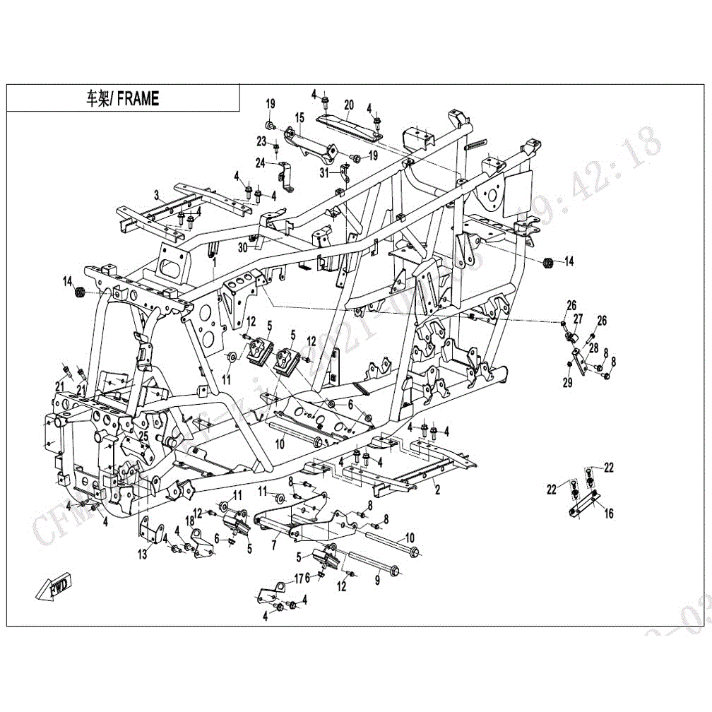 An Image of a genuine CFMOTO Parts Schematic Diagram showing the group - FRAME(2) - 2021 CFMOTO CFORCE 400