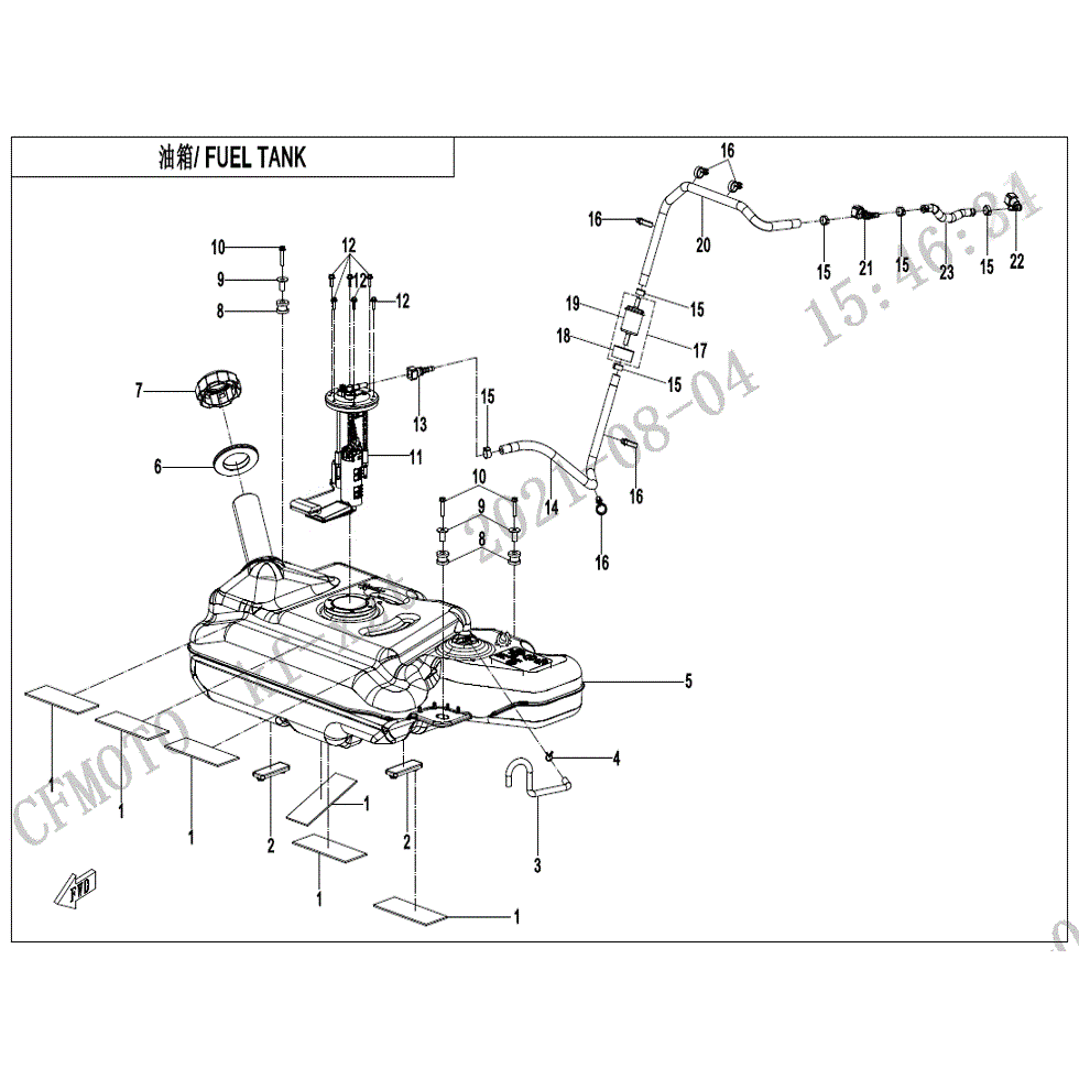 An Image of a Genuine CFMOTO Parts Schematic Diagram showing the schematic - FUEL TANK - 2022 CFMOTO ZFORCE 950 Sport