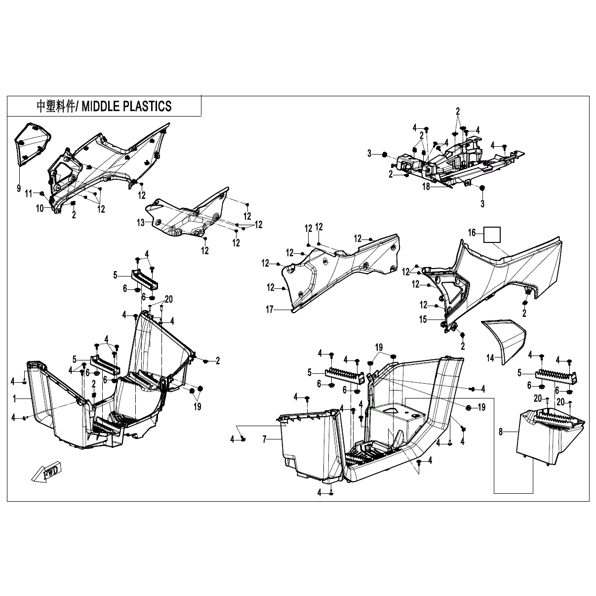 An Image of a genuine CFMOTO Parts Schematic Diagram showing the group - MIDDLE PLASTICS - 2025 CFMOTO CFORCE 800 TOURING