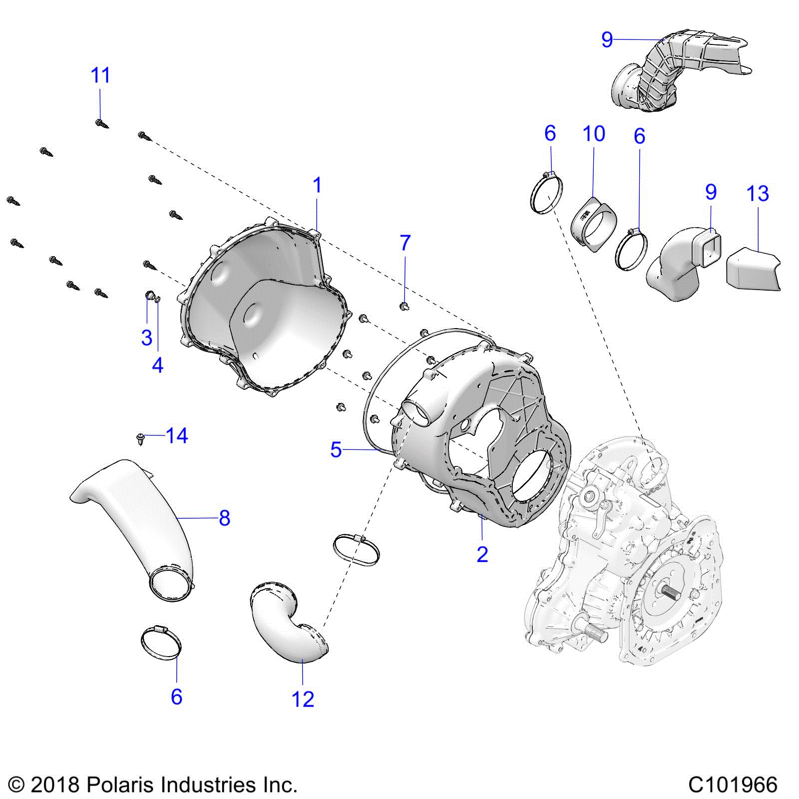 An Image of a Genuine Polaris Parts Schematic Diagram showing the schematic - BODY: CLUTCH COVER - 2020 POLARIS SPORTSMAN 850 48" TRAIL