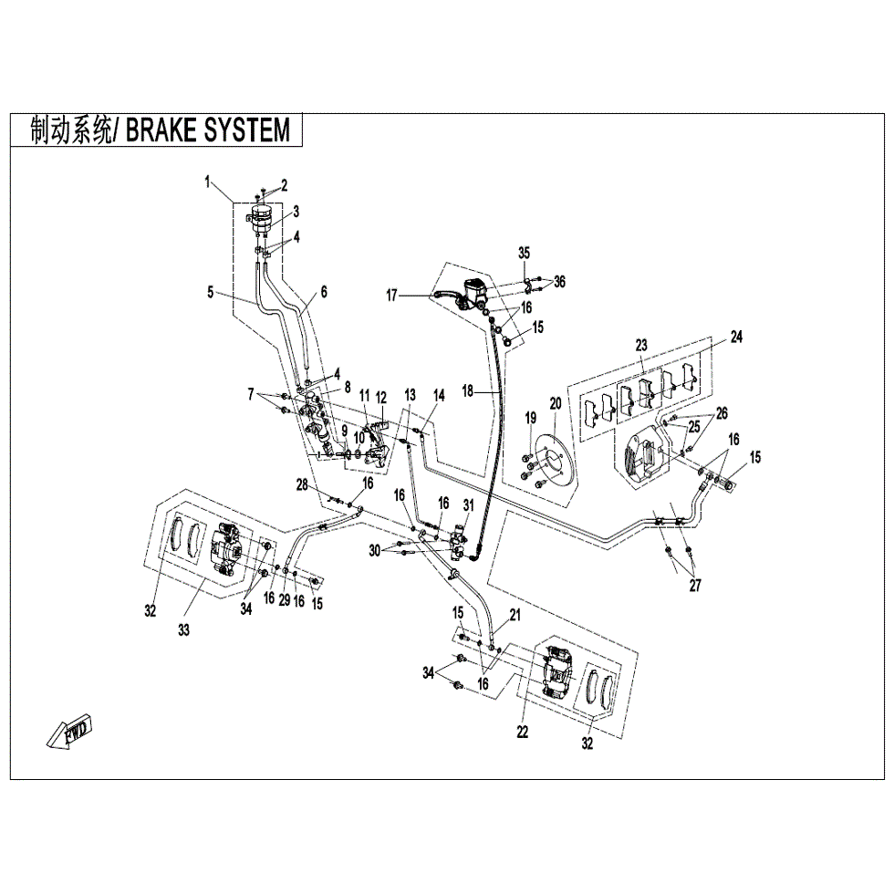 An Image of a genuine CFMOTO Parts Schematic Diagram showing the group - BRAKE SYSTEM - 2022 CFMOTO CFORCE 500 S