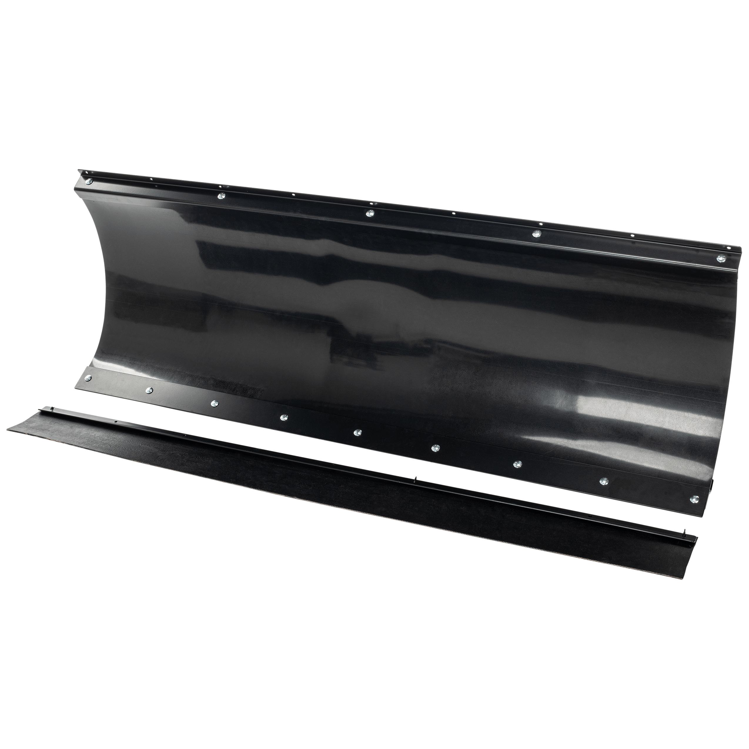 The 66 Poly Blade by Open Trail is a large, black, curved heavy-duty snow plow blade featuring dual curvature, a top edge lined with bolts, and a separate rubber strip in front of its two-sided steel wear bar.