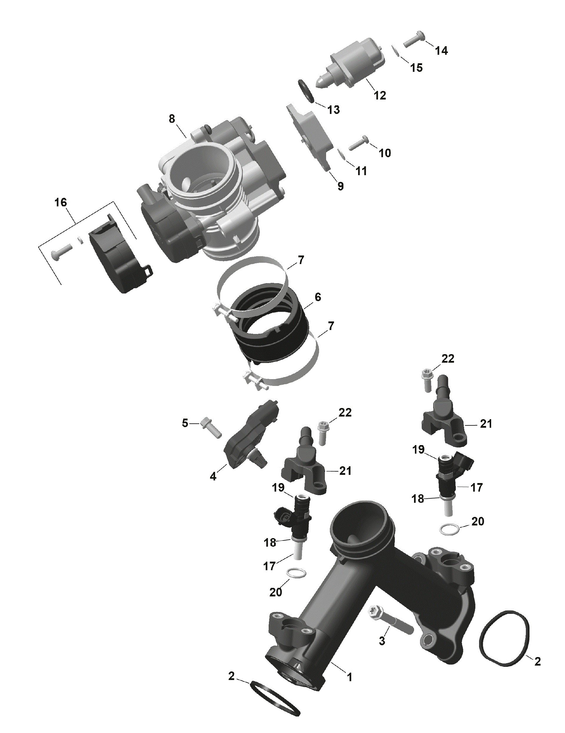An Image of a Genuine Can-Am Parts Schematic Diagram showing the schematic - ROTAX - AIR INTAKE MANIFOLD AND THROTTLE BODY