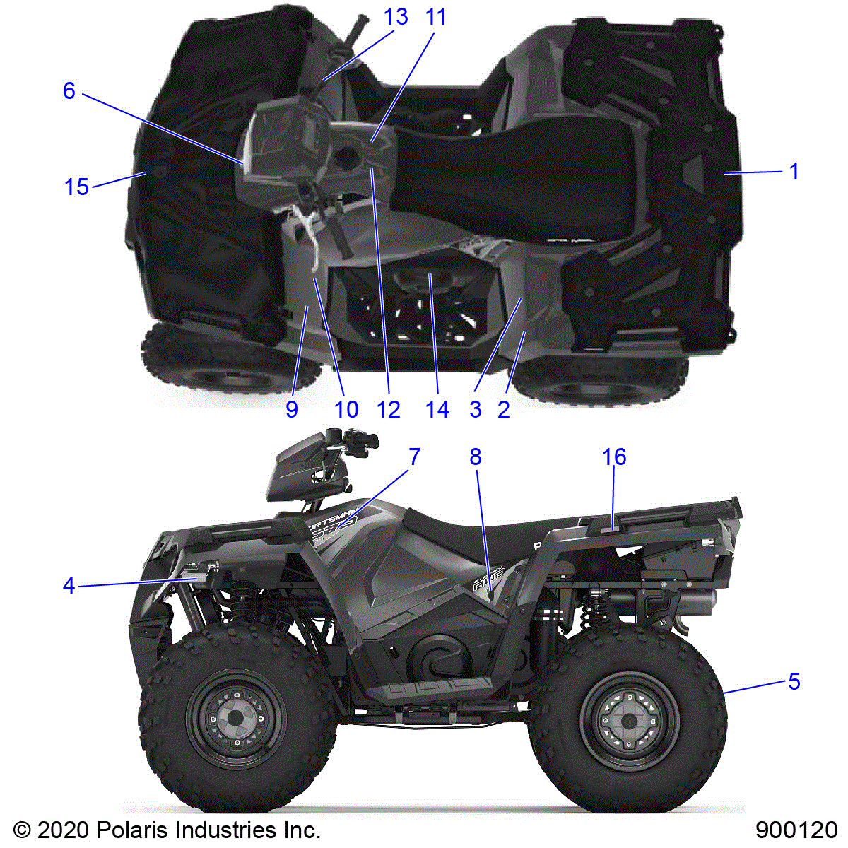 An Image of a Genuine Polaris Parts Schematic Diagram showing the schematic - BODY: DECALS - 2020 POLARIS SPORTSMAN 570