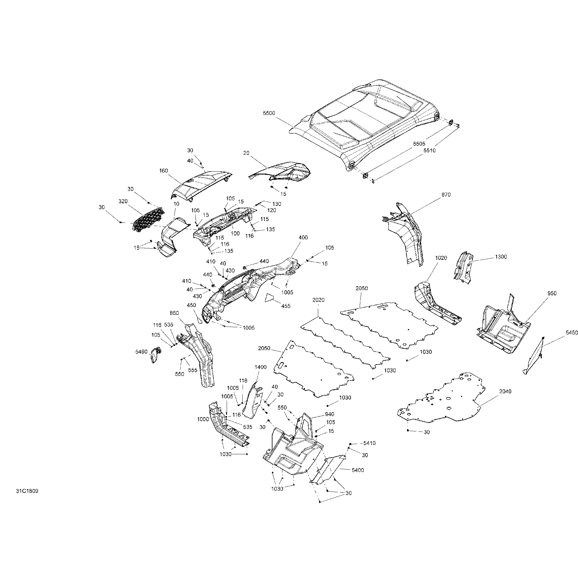 An Image of a Genuine Can-Am Parts Schematic Diagram showing the schematic - BODY DEFENDER NON MAX HD8 HD10 - SQUADRON GREEN MODELS