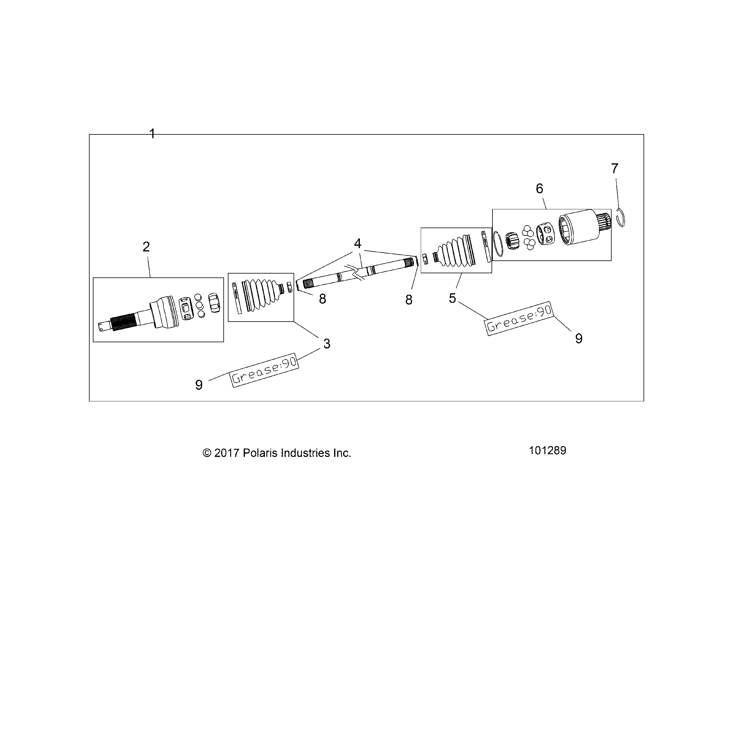 An Image of a Genuine Polaris Parts Schematic Diagram showing the schematic - DRIVE TRAIN: REAR DRIVE SHAFT - 2018 POLARIS SPORTSMAN 570 6X6