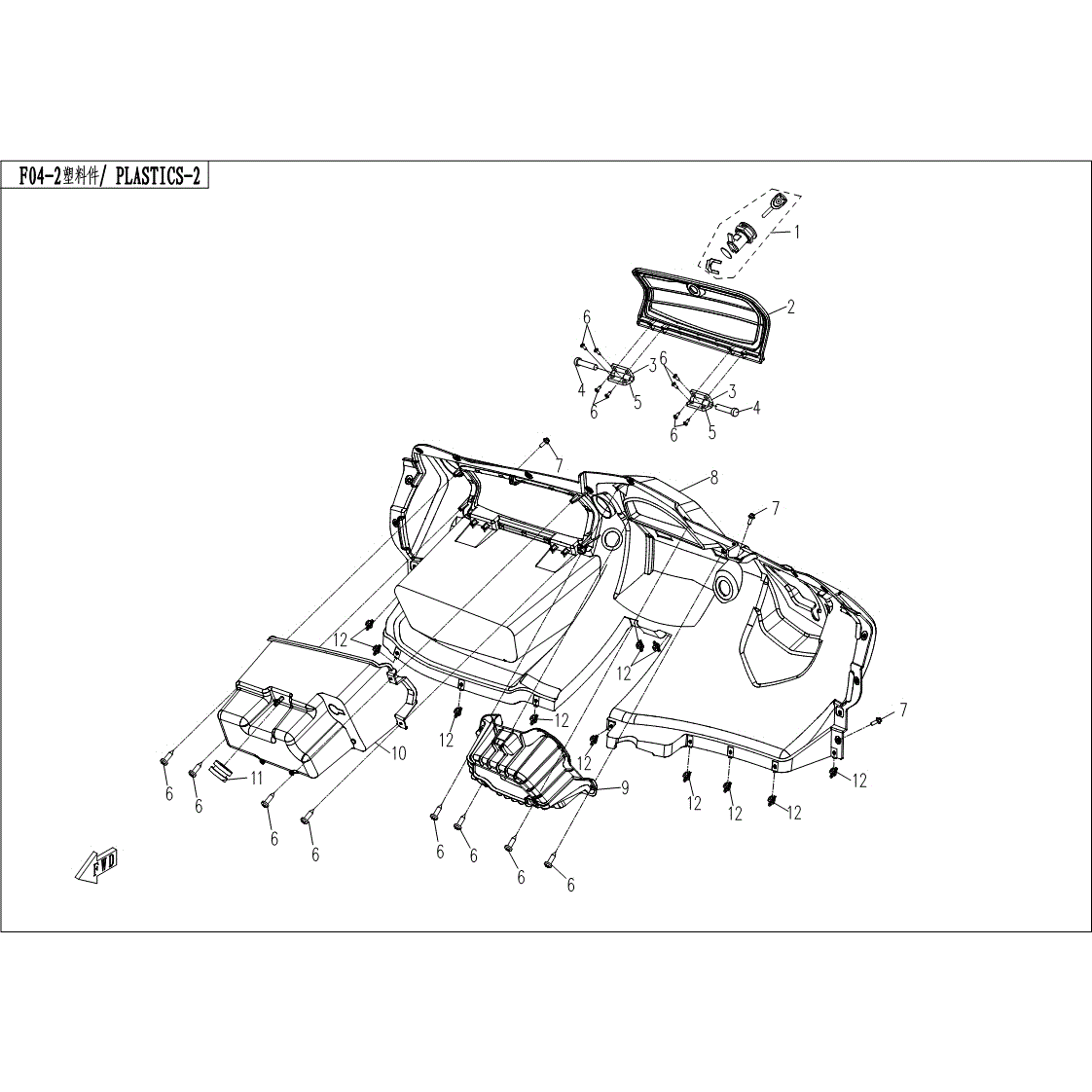 An Image of a Genuine CFMOTO Parts Schematic Diagram showing the schematic - BOTTOM PLASTIC - 2017 CFMOTO UFORCE 800 EPS