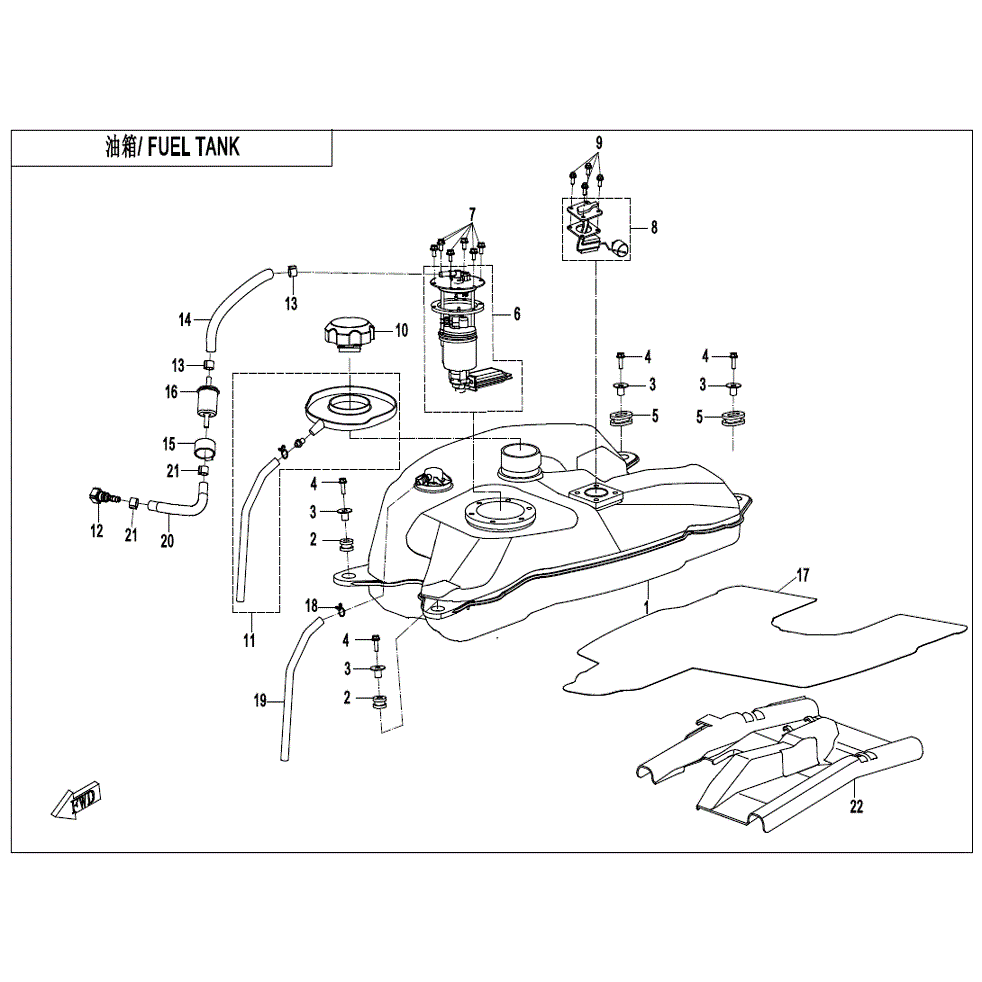 An Image of a genuine CFMOTO Parts Schematic Diagram showing the group - FUEL TANK - 2022 CFMOTO CFORCE 400