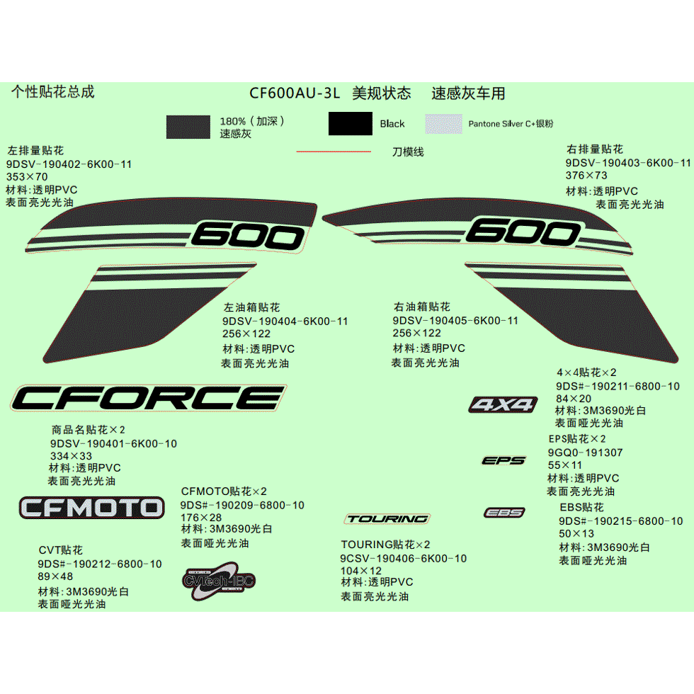 An Image of a genuine CFMOTO Parts Schematic Diagram showing the group - DECAL KIT (VELOCITY GREY) - 2022 CFMOTO CFORCE 600 Touring
