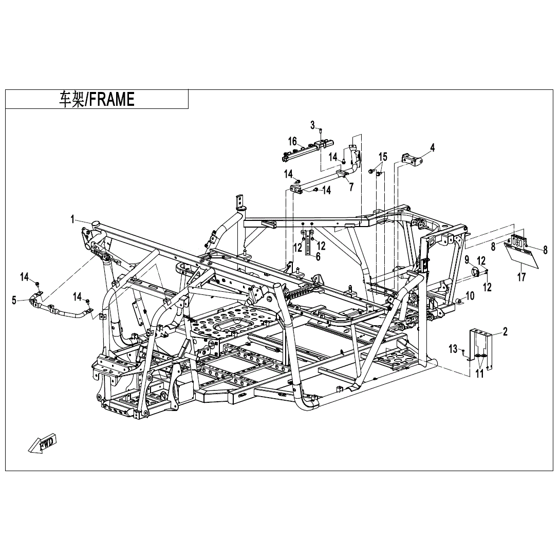 An Image of a Genuine CFMOTO Parts Schematic Diagram showing the schematic - FRAME - 2023 CFMOTO UFORCE 600