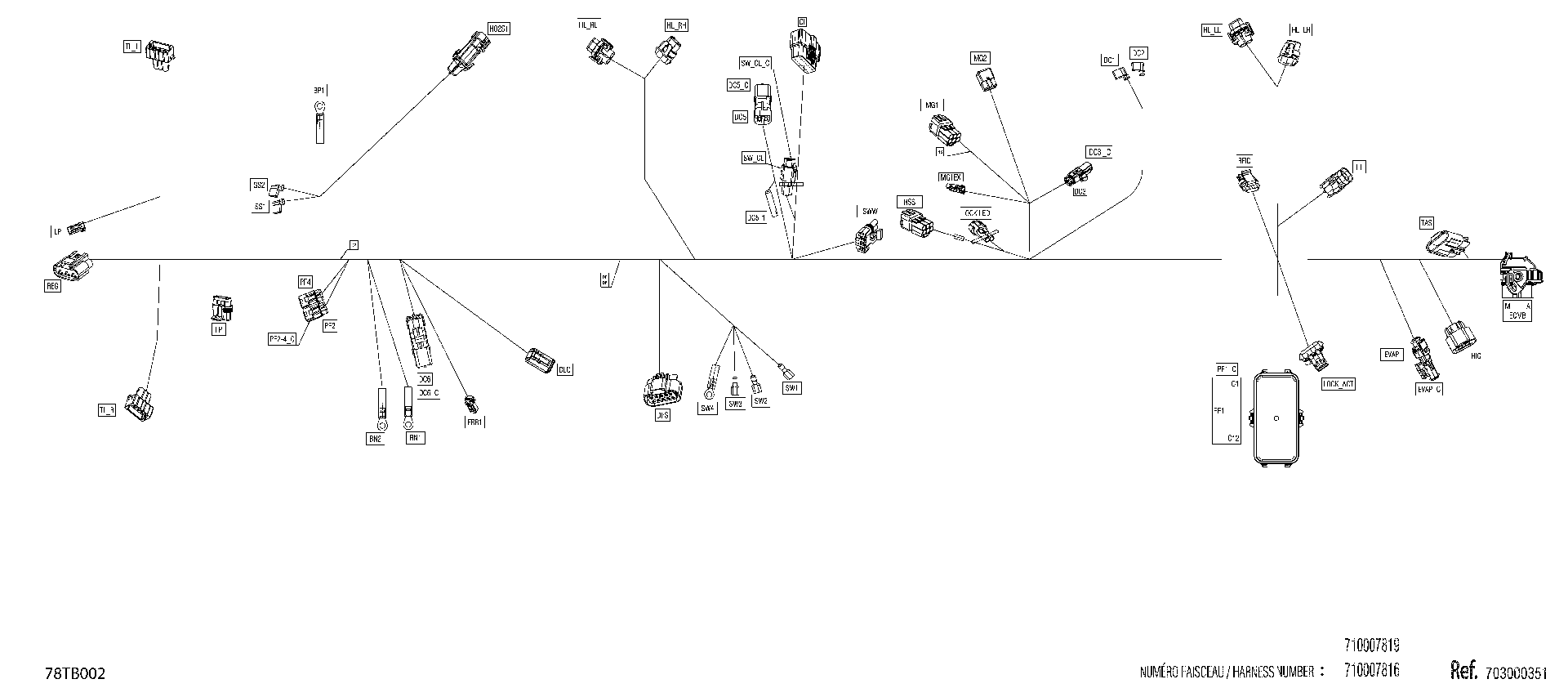 An Image of a Genuine Can-Am Parts Schematic Diagram showing the schematic - ELECTRIC - MAIN HARNESS - 710008975 - MODEL CARB VEHICLE
