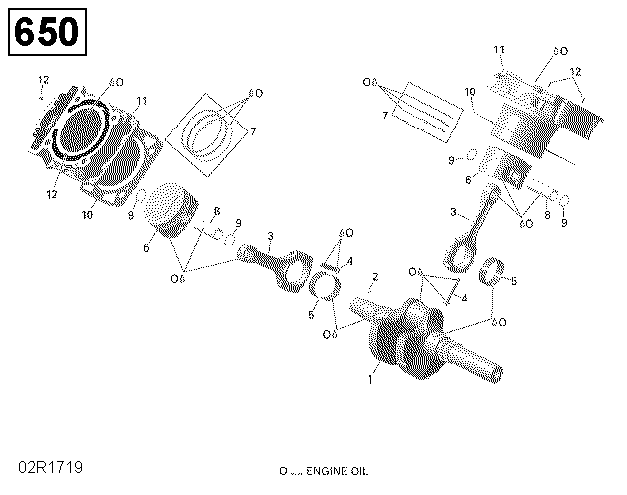 An Image of a Genuine Can-Am Parts Schematic Diagram showing the schematic - CRANKSHAFT AND PISTONS - 650 EFI