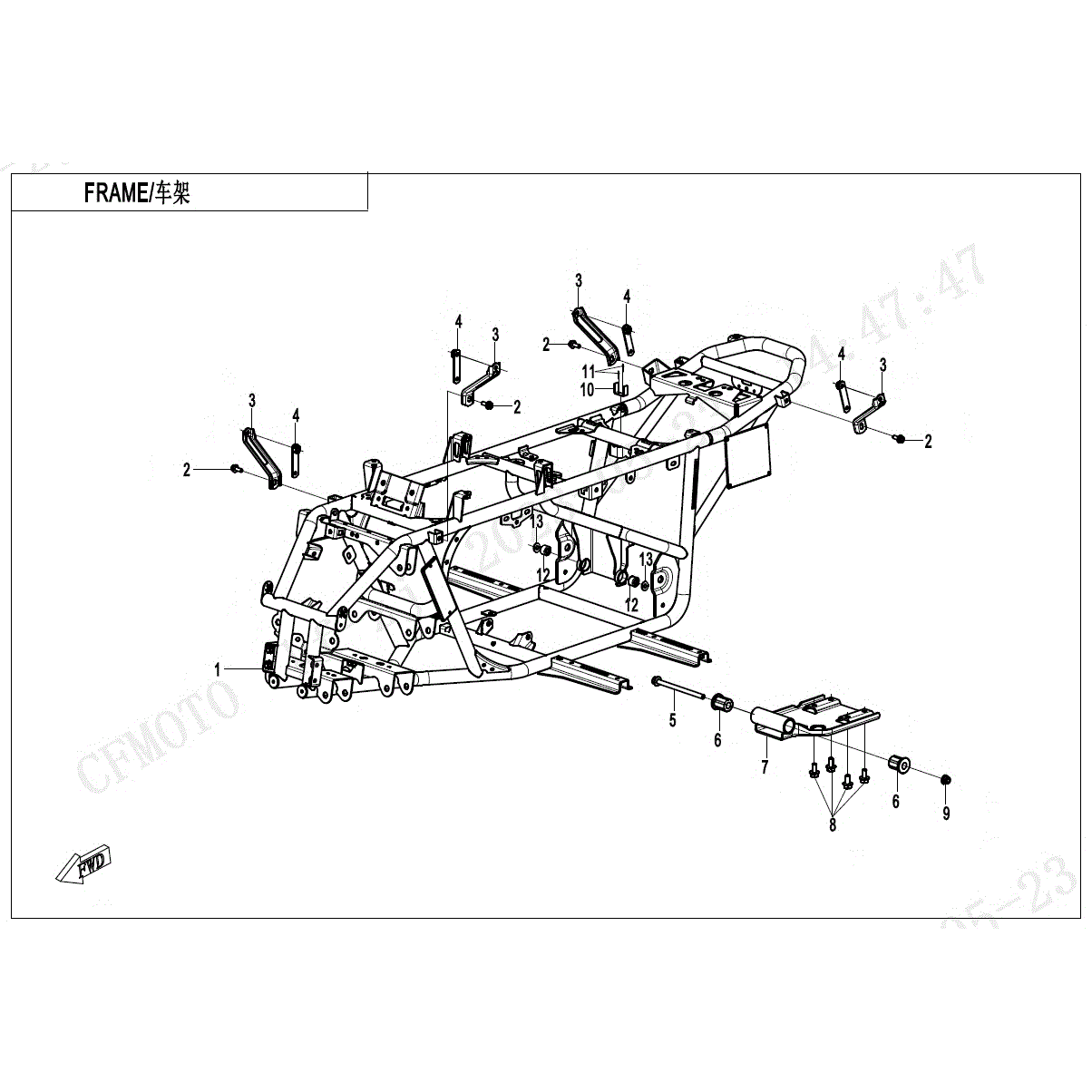 An Image of a genuine CFMOTO Parts Schematic Diagram showing the group - FRAME - 2024 CFMOTO CFORCE 110
