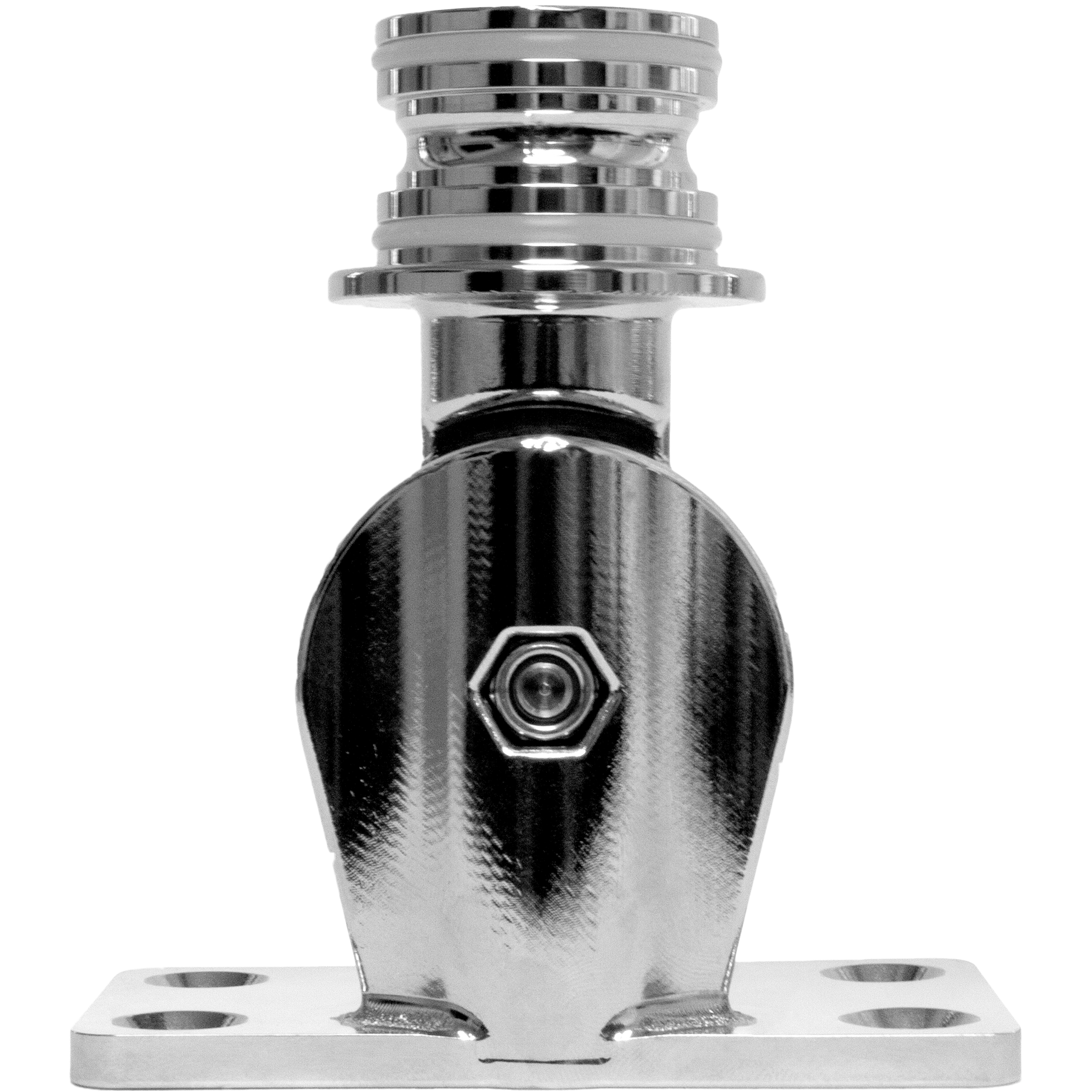 A close-up of the EcoXGear Tower Speaker Deck / Roof Mount shows its shiny, metallic finish and hexagonal bolt at the center, precision-engineered with a flat base featuring four rounded holes for secure industrial installation.