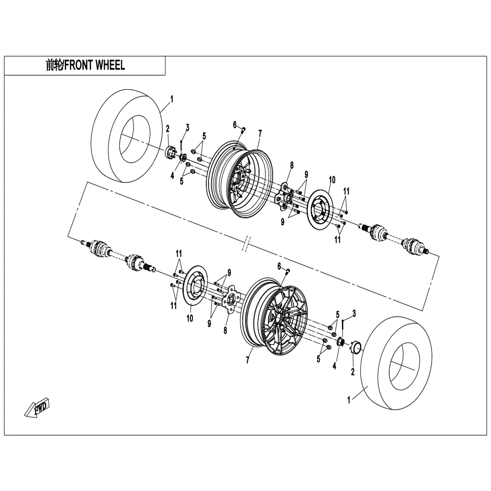 An Image of a genuine CFMOTO Parts Schematic Diagram showing the group - FRONT WHEEL - 2022 CFMOTO CFORCE 800 XC
